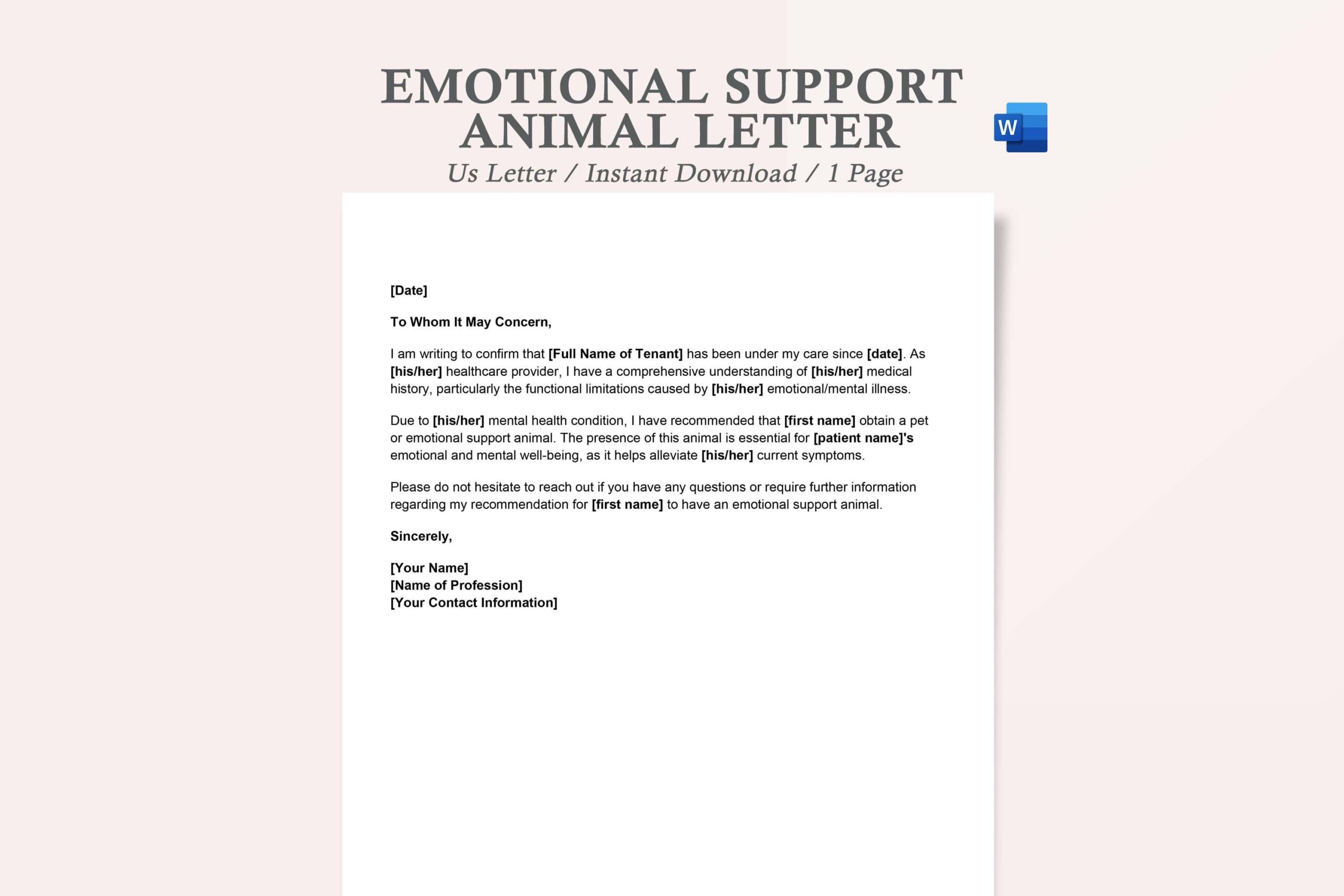 Emotional Support Animal Letter esa Letter Template support Animal Paperwork Etsy