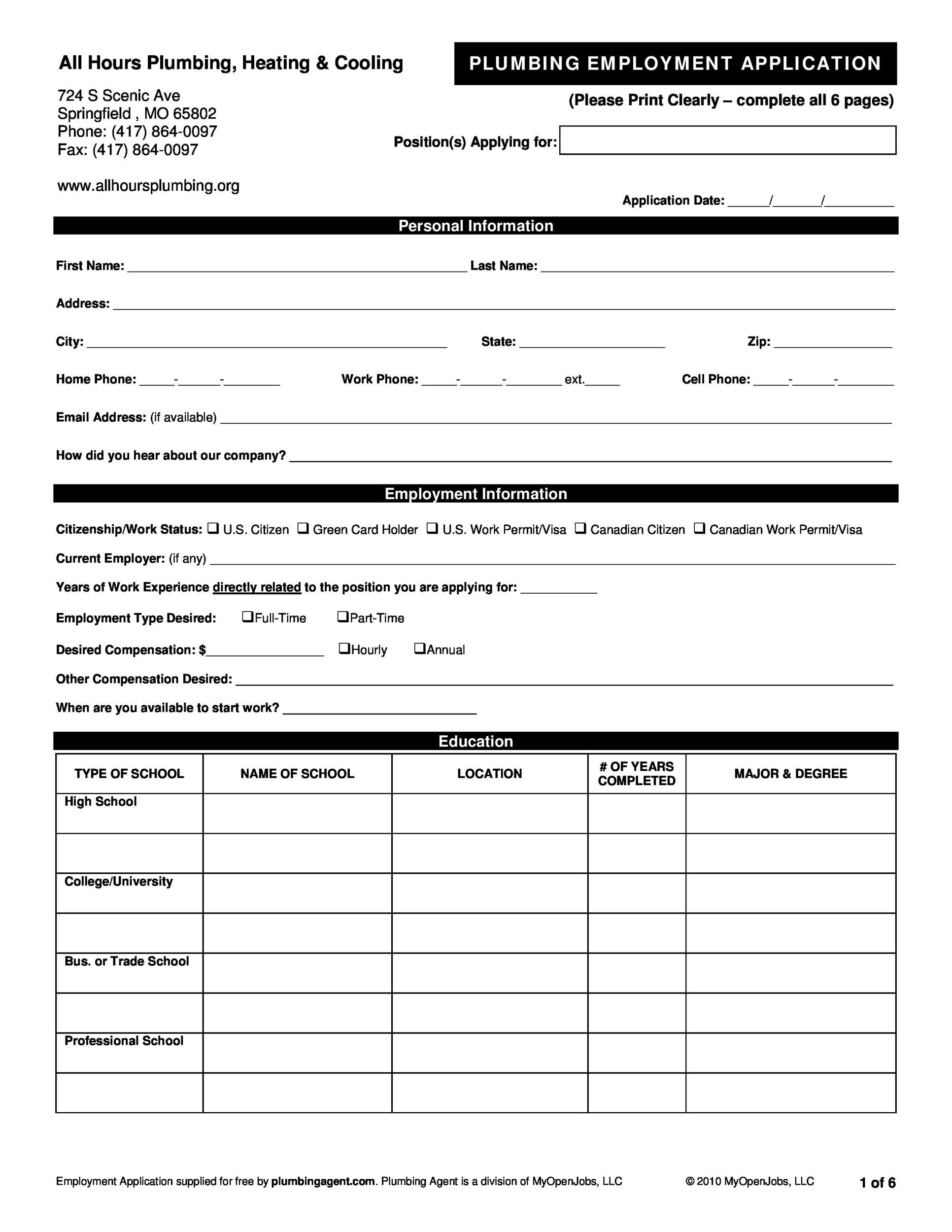 free printable employment application