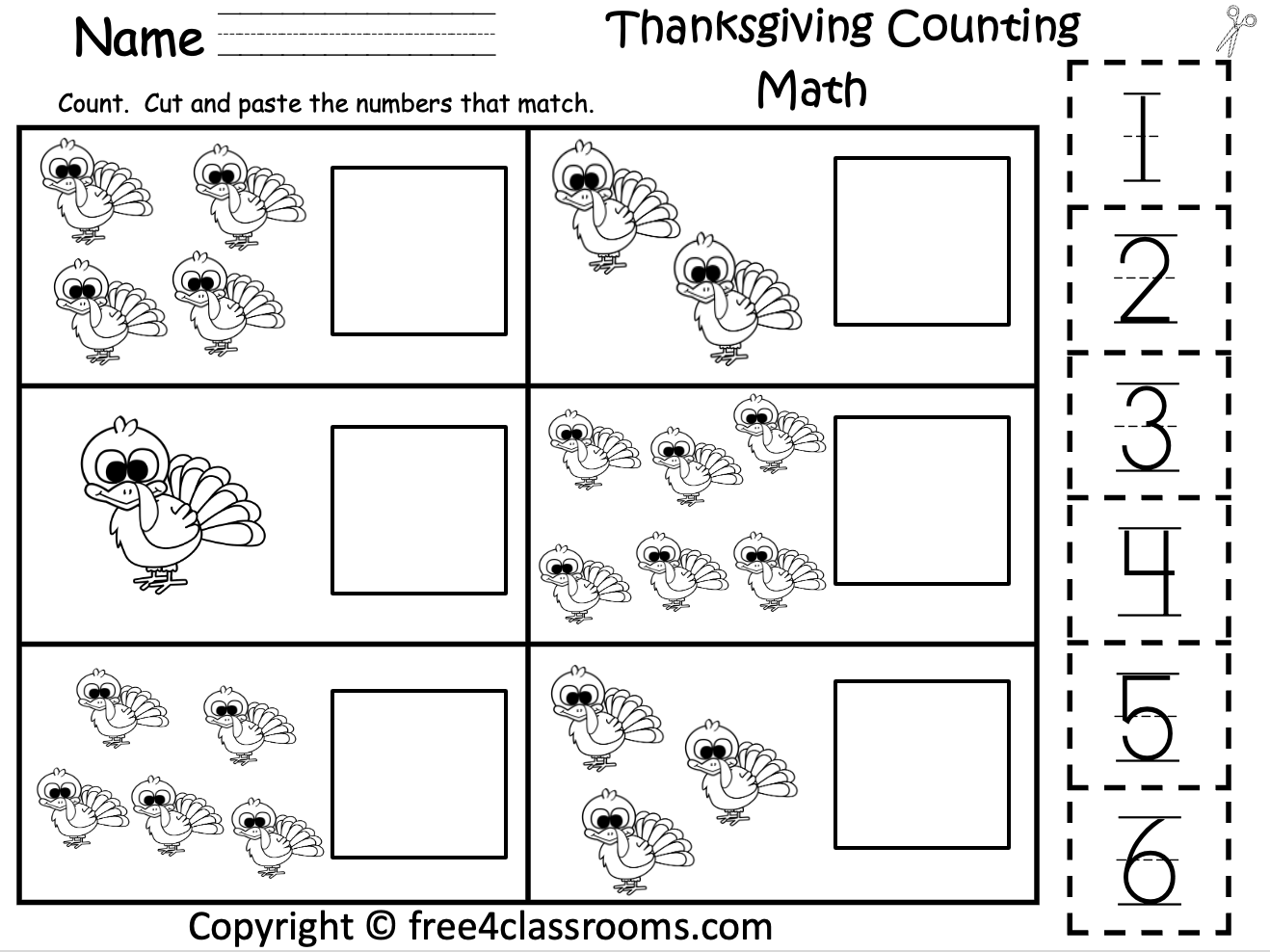 Free Thanksgiving Worksheet Cut And Counting Prek And Kinder Free Worksheets Free4Classrooms