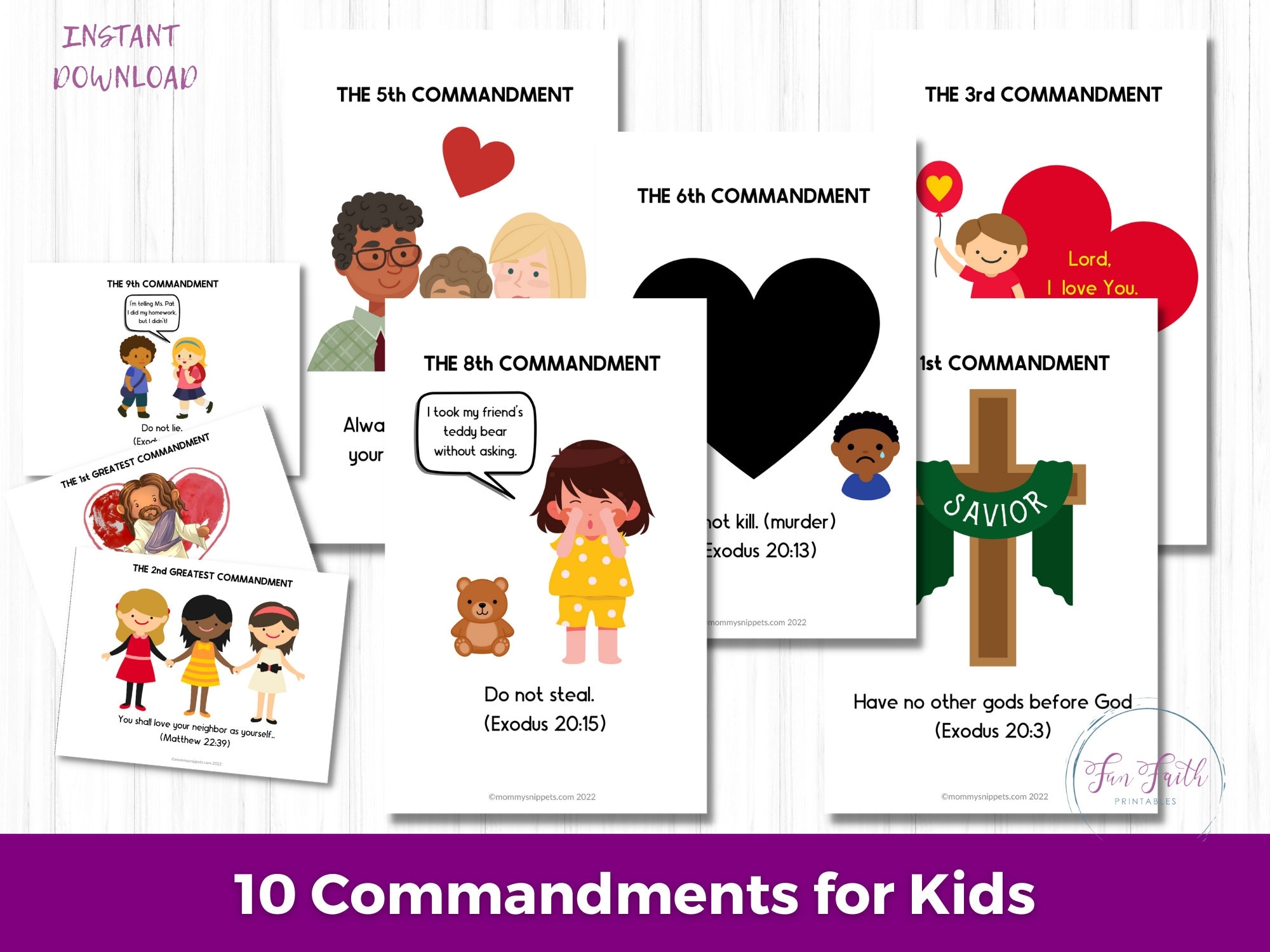 Printable 10 Commandments For Kids A5 Posters And Flashcards Ten Commandments Printable Sunday School Kids Bible Printables Exodus 20 Etsy