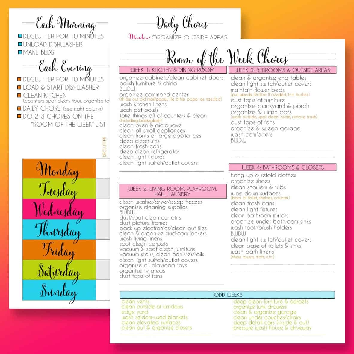 weekly cleaning chart printable