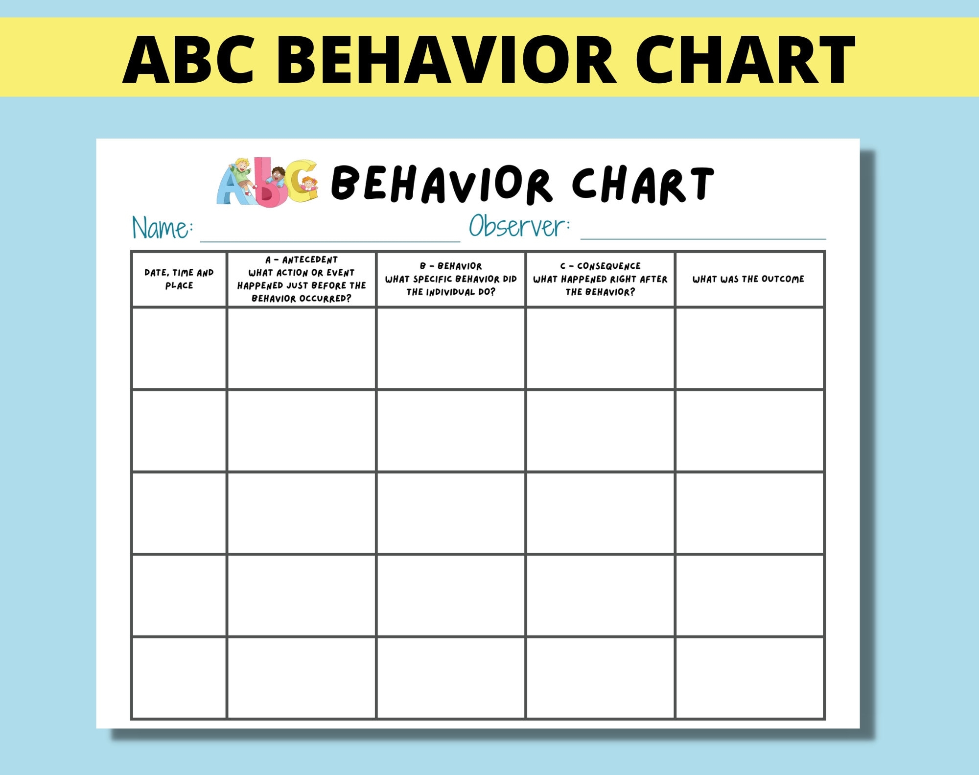 ABC Behavior Chart Printable For Kids Parents Classroom ABC Behavior Consequence Analysis Antecedent Behavior Consequence Chart Etsy Denmark