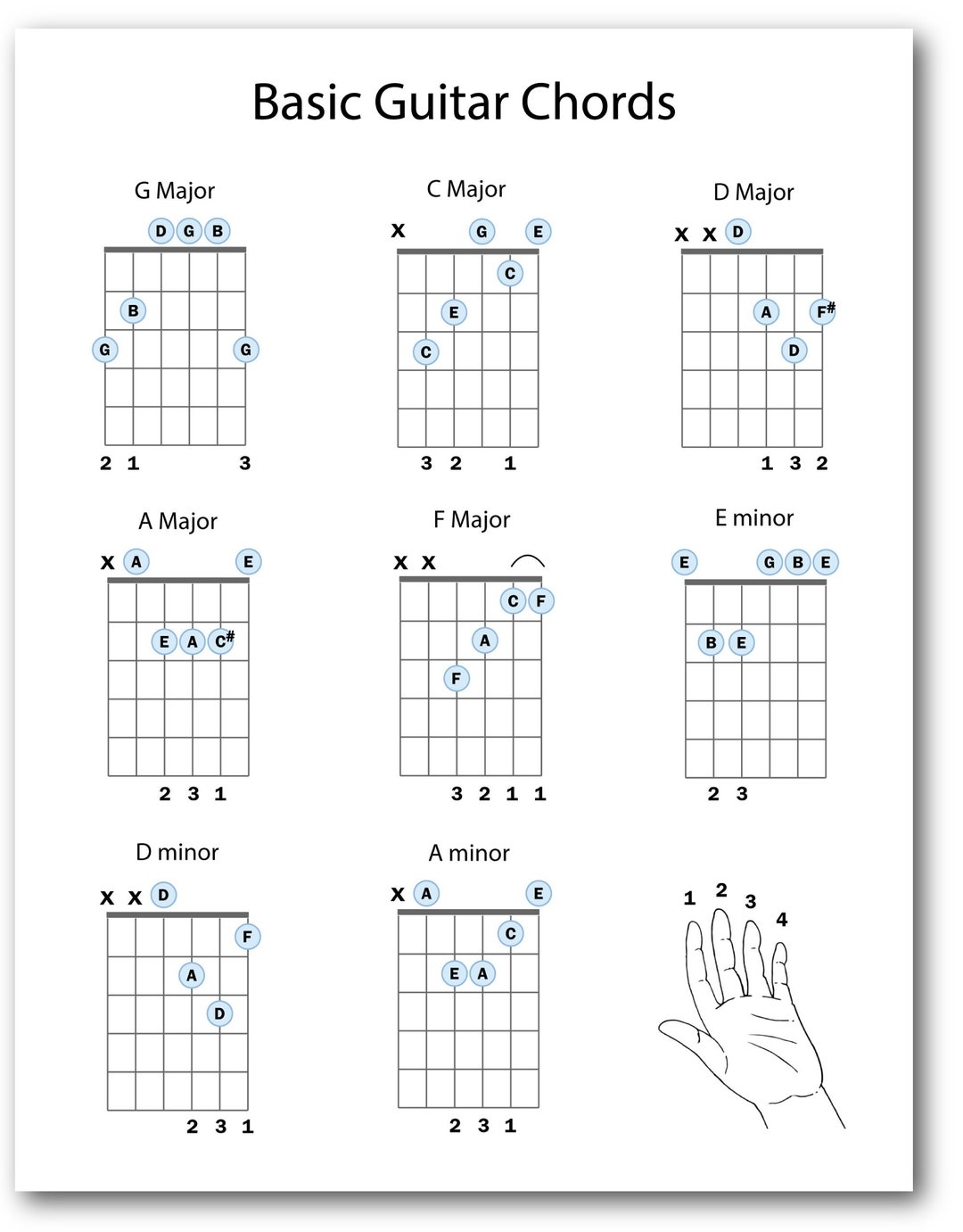 Beginner Guitar Chords Chart Essential Open Chords Reference Chart Music Teacher Resource Printable PDF Download Etsy