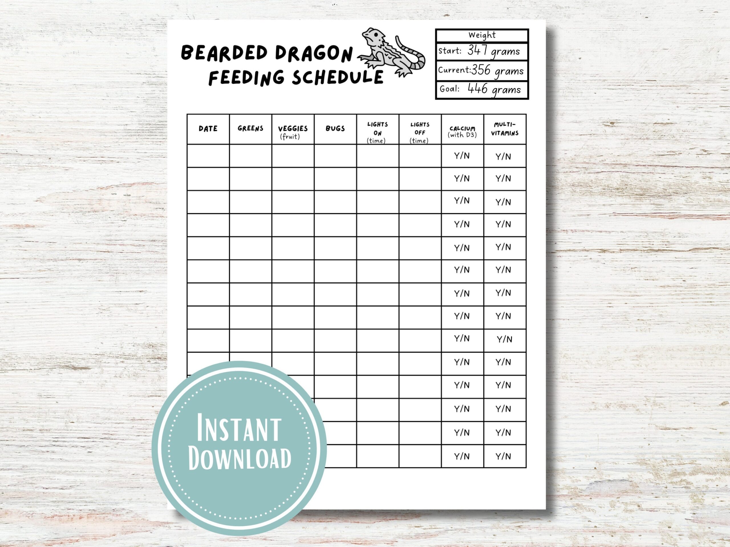 Bi weekly Bearded Dragon Feeding Chart Etsy