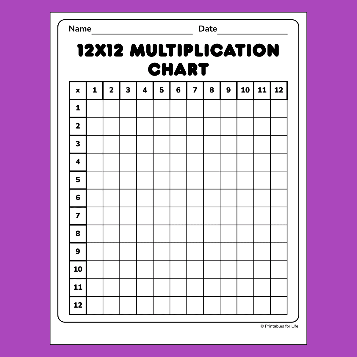 Blank Multiplication Chart 12x12 PDF Printable