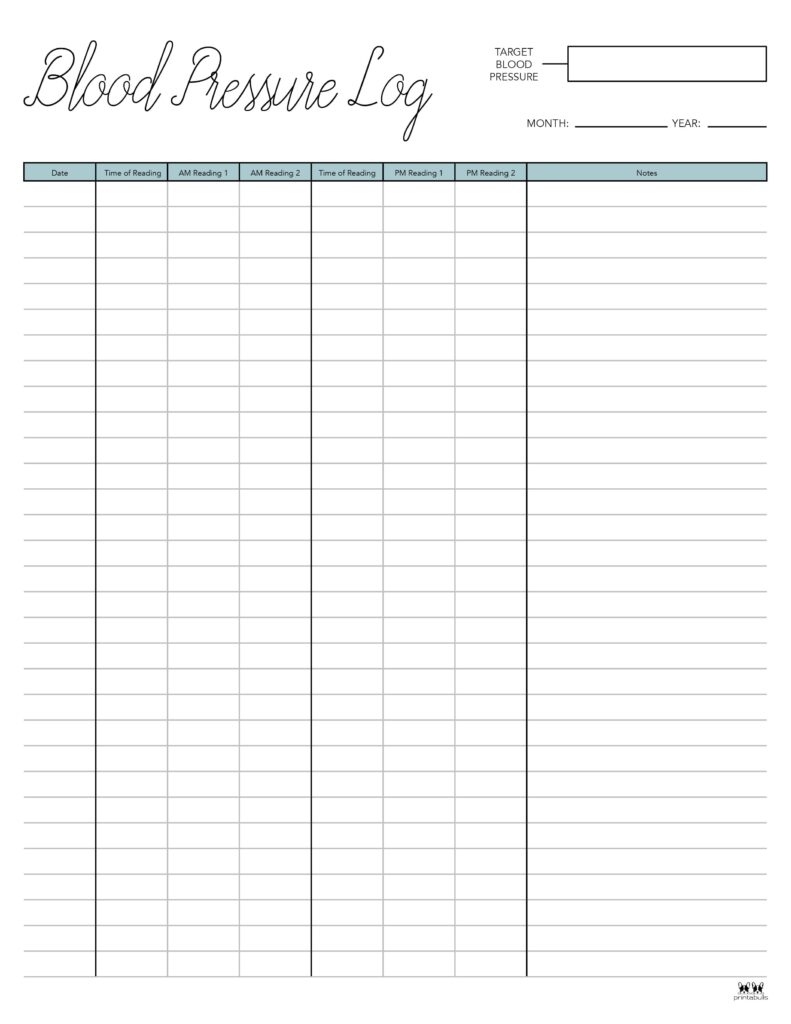 Blood Pressure Logs 32 FREE Printables Printabulls