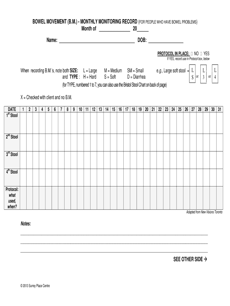Bowel Movement Monthly Monitoring Record Fill Out Sign Share Online PdfFiller