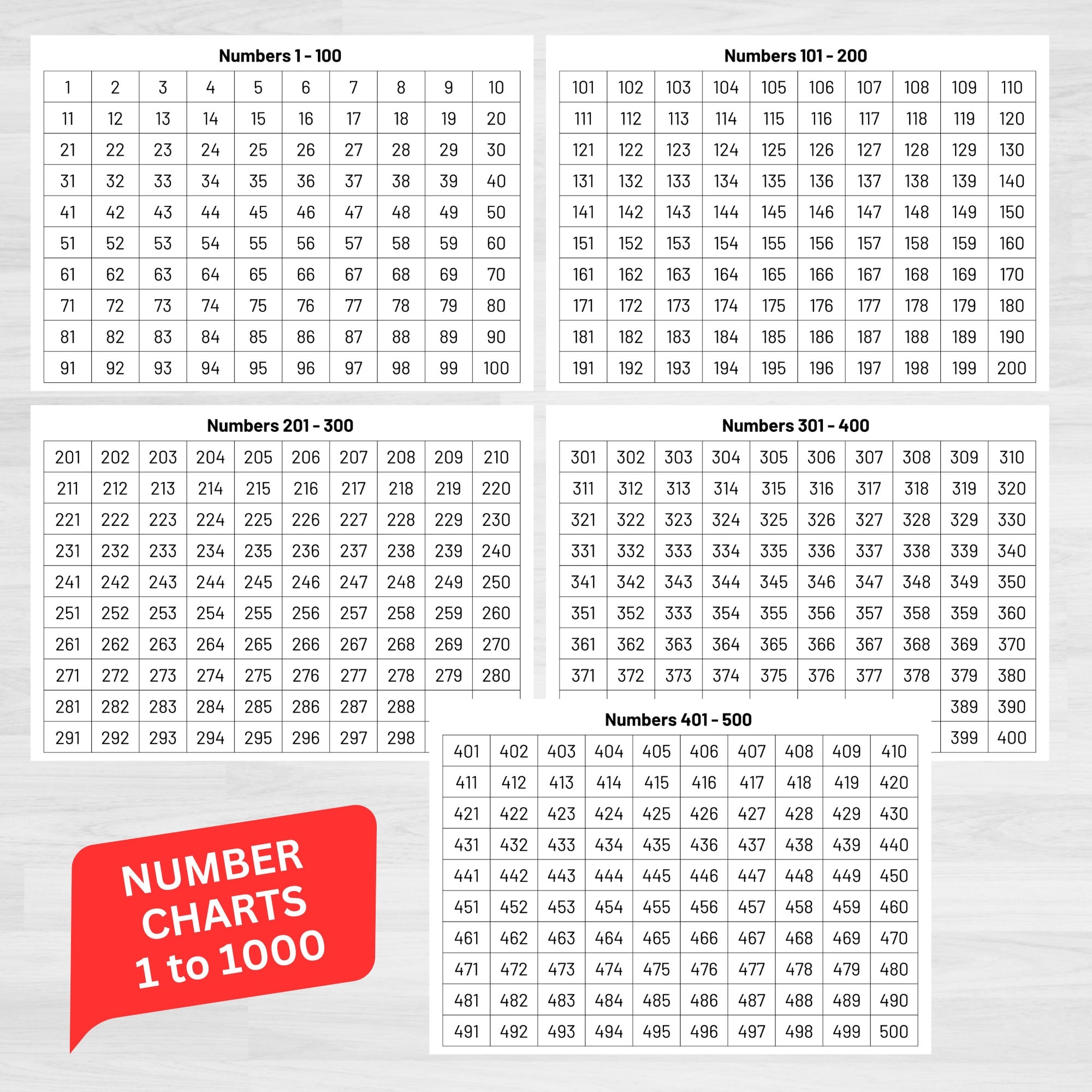 number chart 1 to 1000 printable