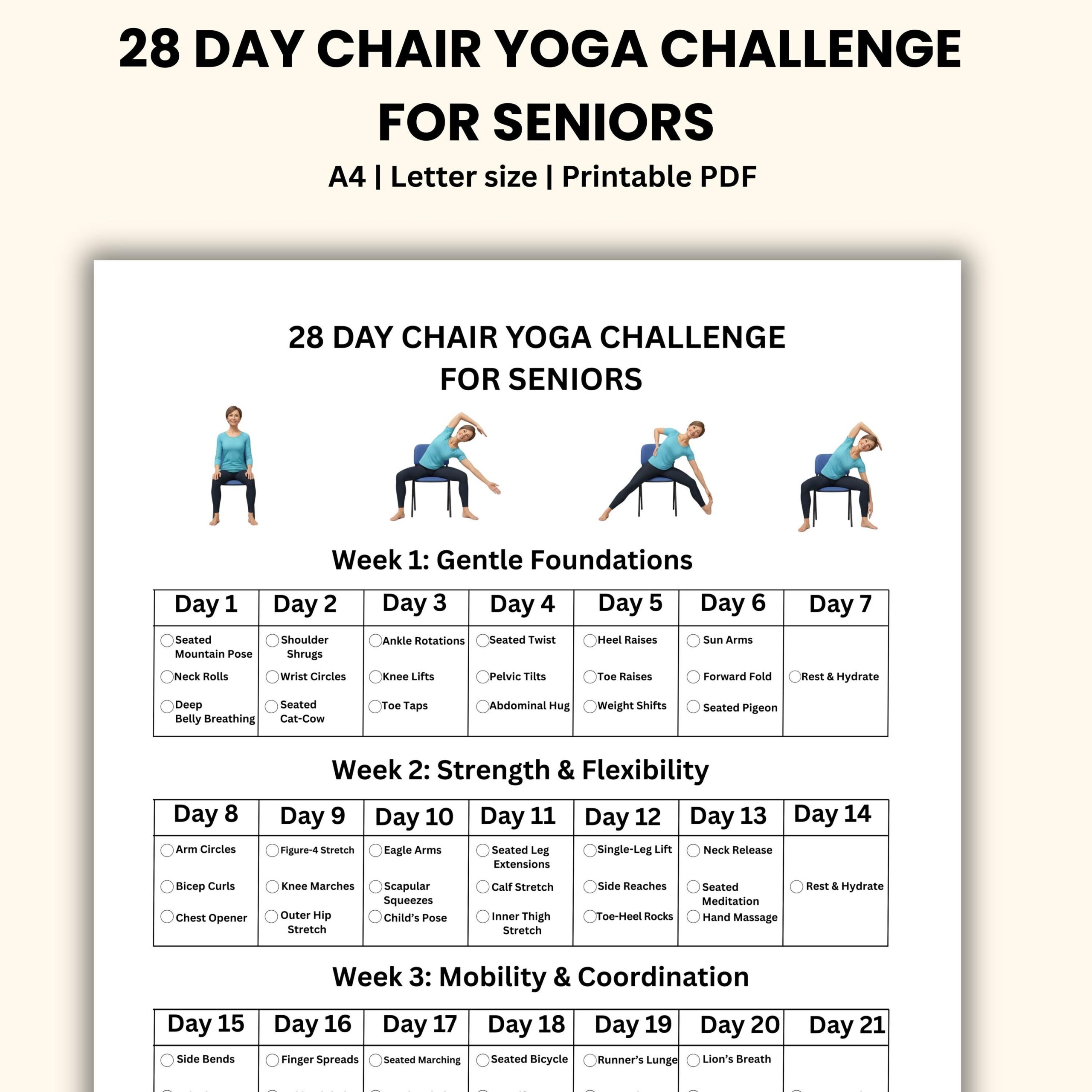 Chair Yoga Challenge 28 day Printable Guide For Seniors Etsy