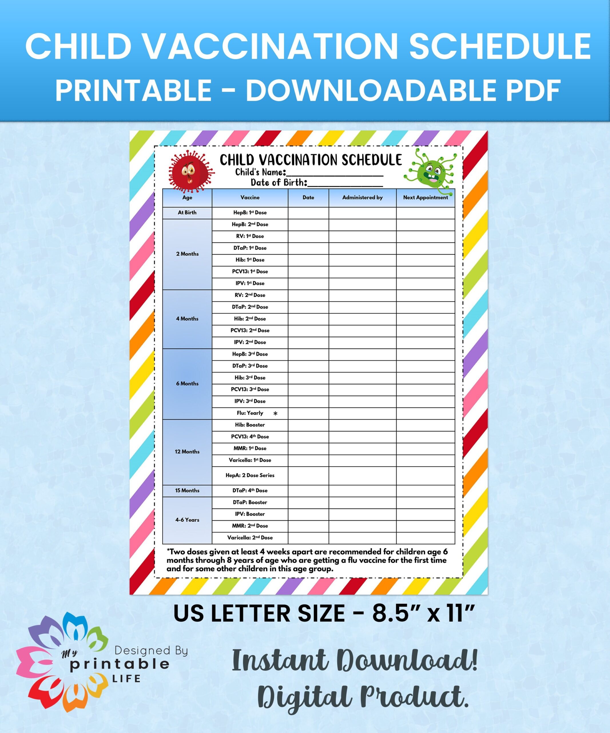 Child Vaccination Schedule Printable Immunization Record PDF Download Etsy
