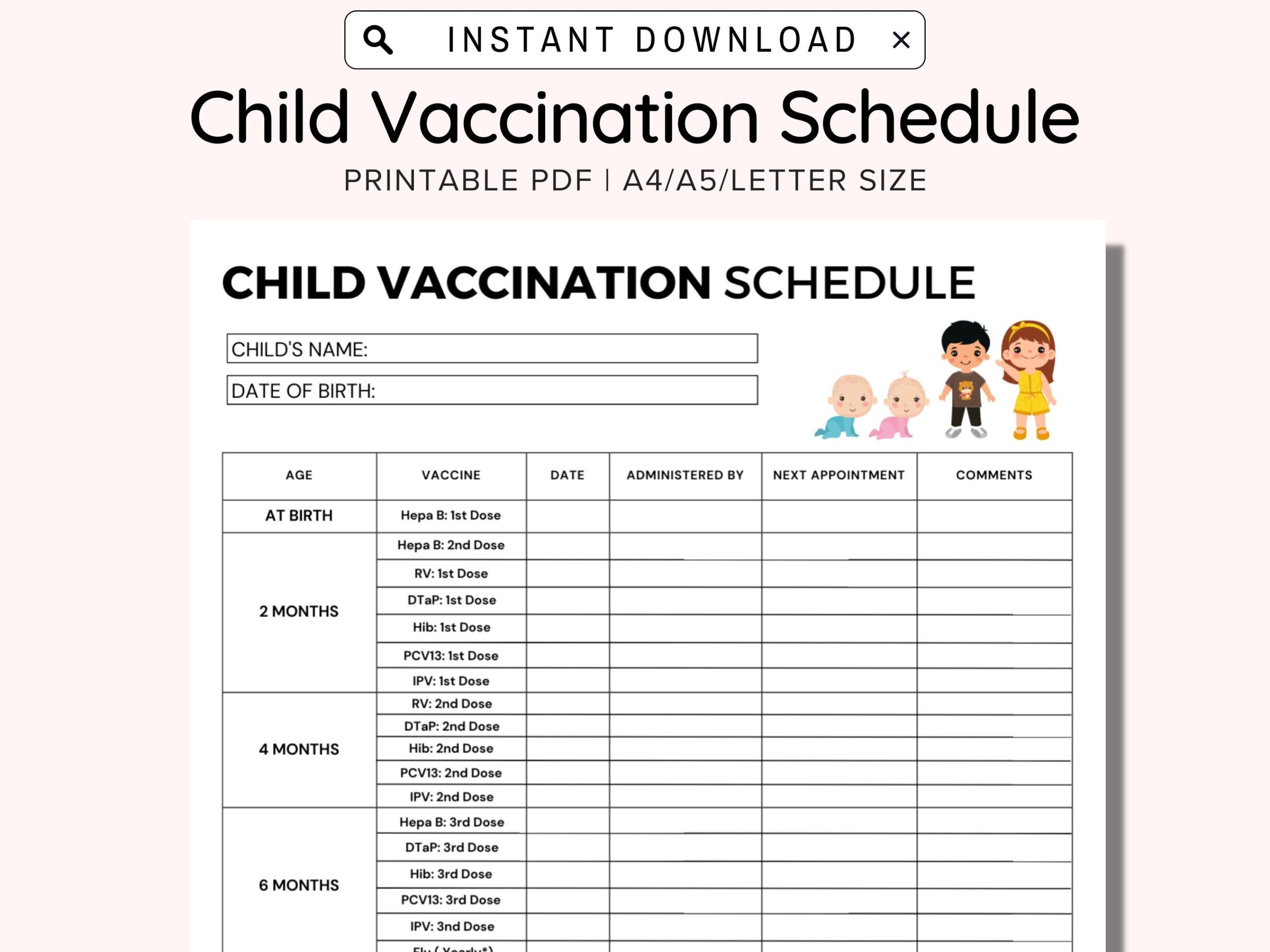 Child Vaccination Schedule Printable Immunization Record Vaccine Chart Vaccine Chart For Baby Kid Child Household Binder A4 A5 US PDF Etsy