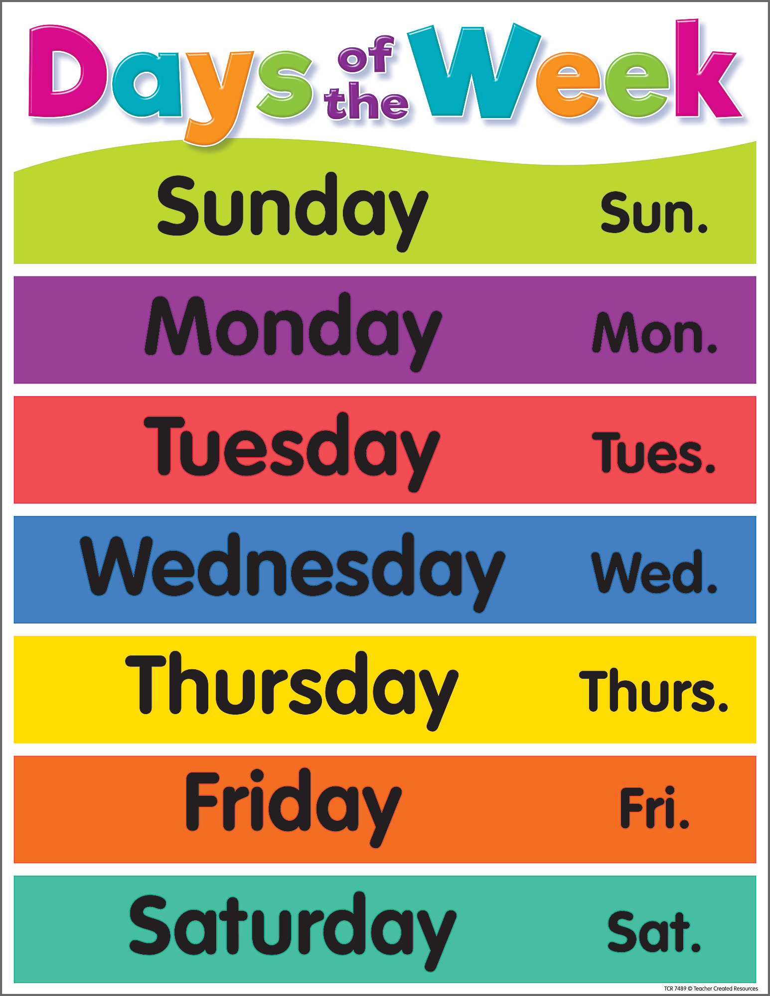 Colorful Days Of The Week Chart Knowledge Tree