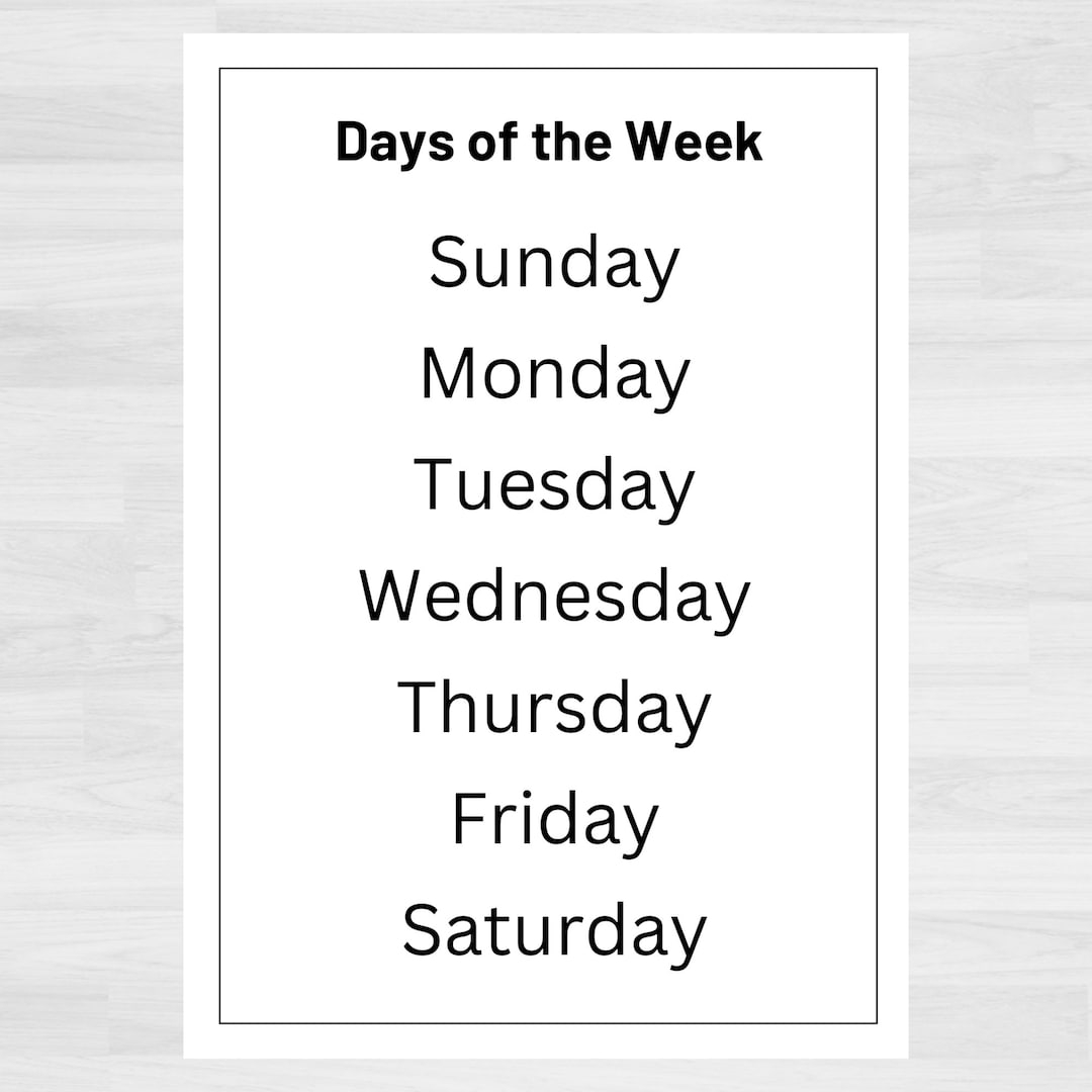 Days Of The Week Printable Chart Pre k Learning digital Download Etsy