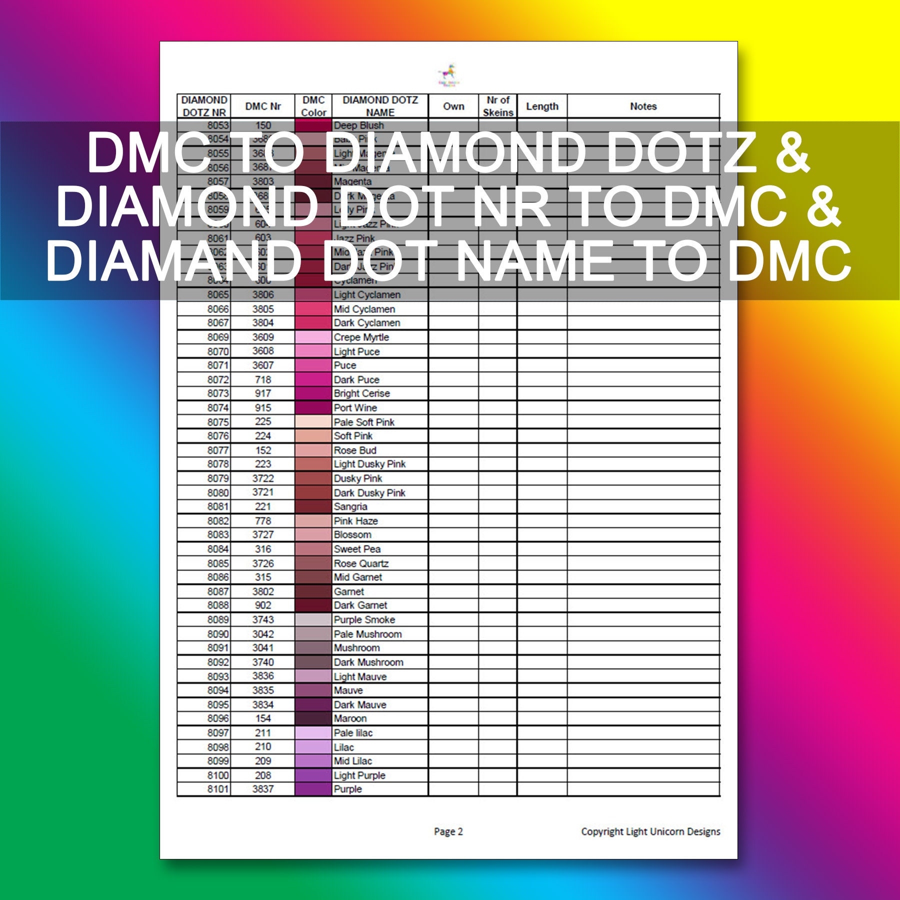 DMC To Diamond Dotz Conversion Chart PDF Instant Download Cross Stitch Chart Inventory Dmc List Diamond Dots Converion To DMC Etsy Israel