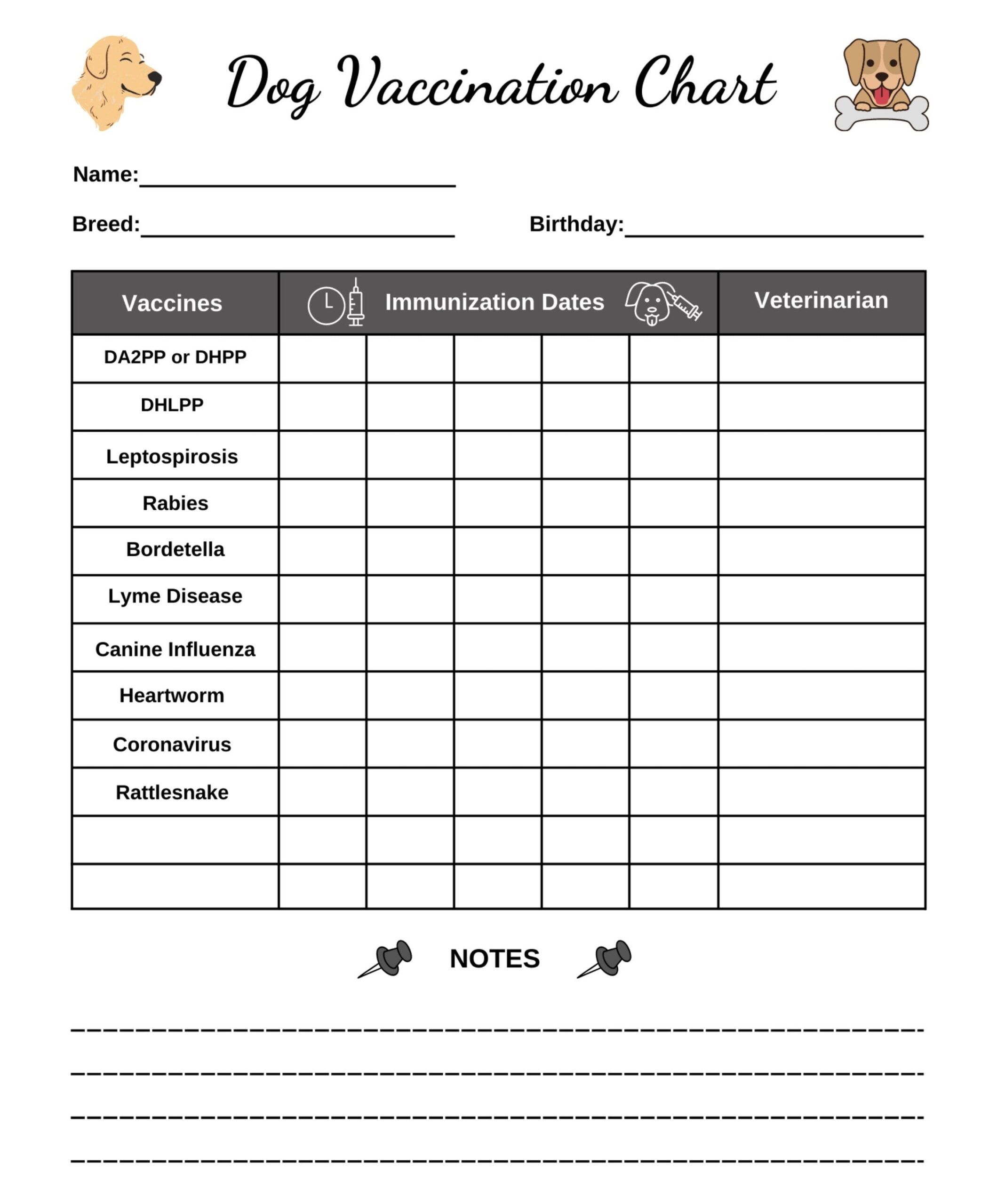 Dog Vaccination Chart Printable Puppy Immunization Tracker PDF Etsy