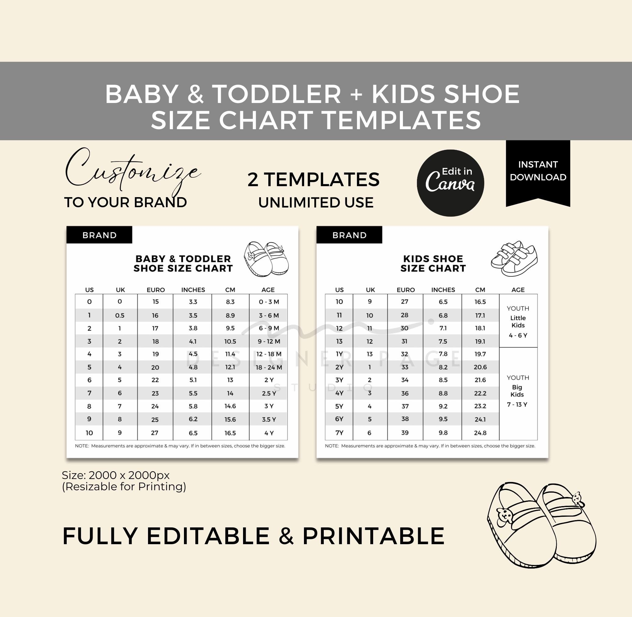 Editable Baby Toddler Shoe Size Chart Template Canva Kids Shoe Size Guide Children Shoes Measurement Guide Custom Youth Shoe Size Chart Etsy New Zealand