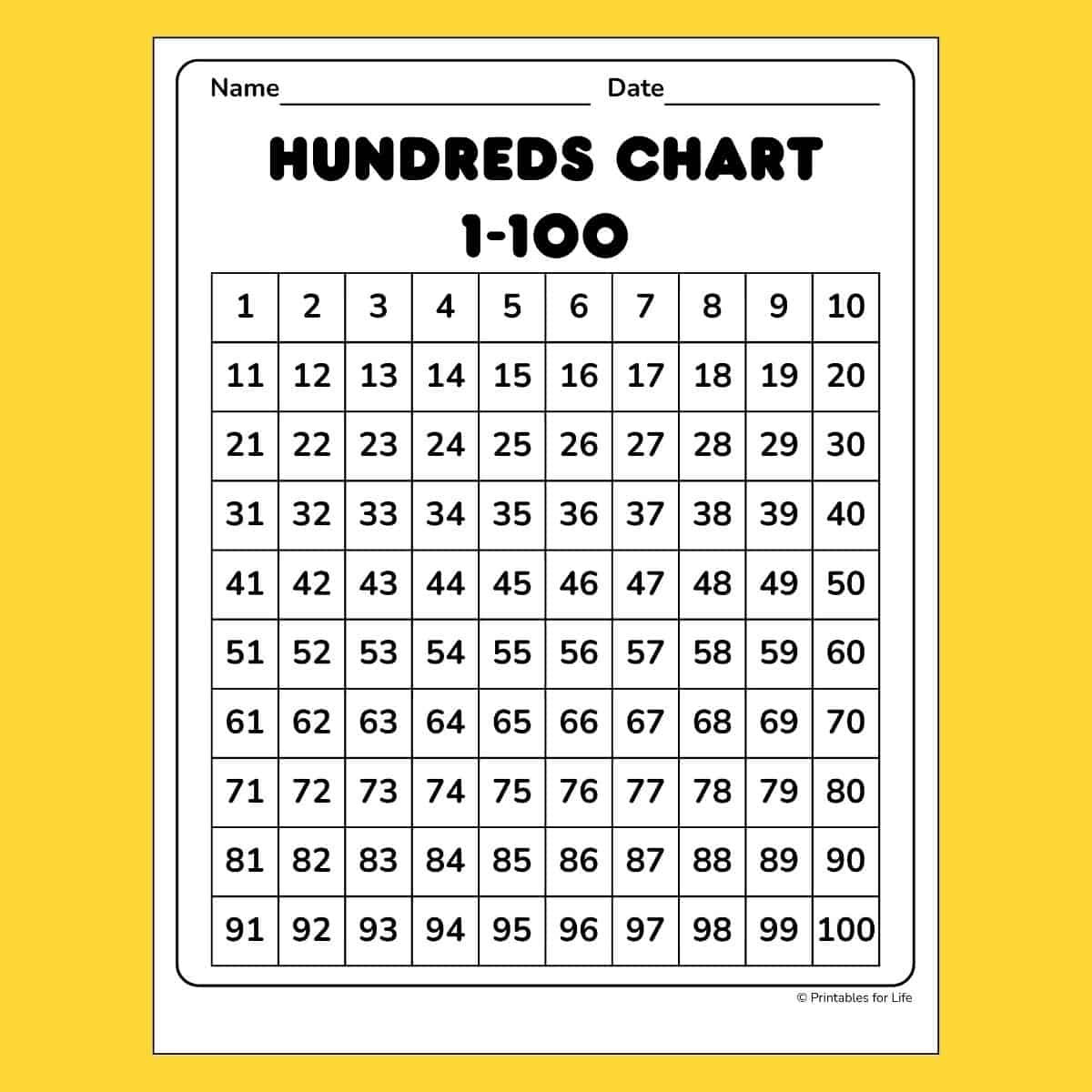 printable 1 100 number chart