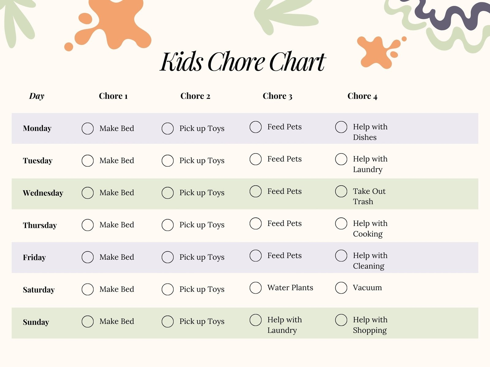 children's chore chart printable