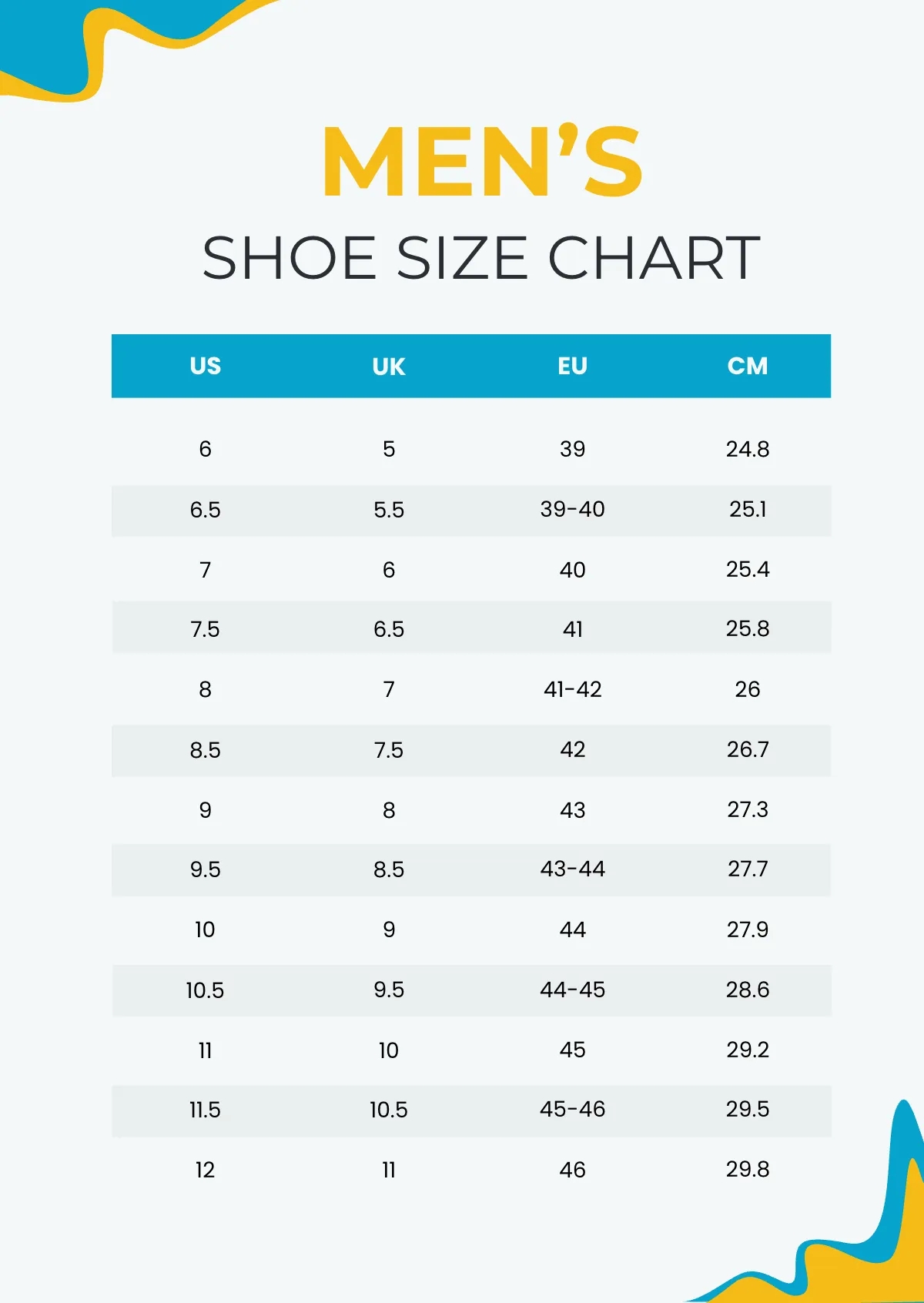 Free Men s Shoe Size Chart Template To Edit Online
