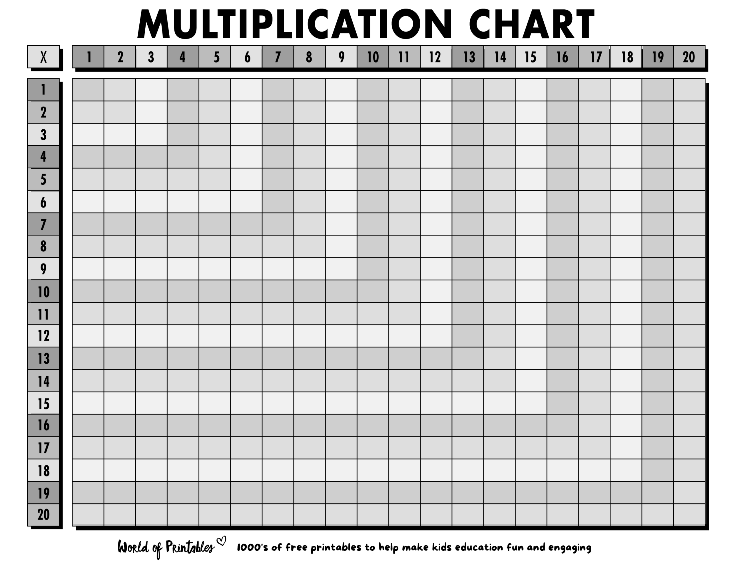 20 x 20 multiplication chart printable