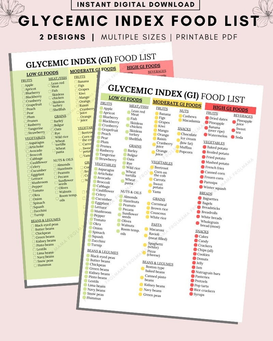 Glycemic Index Food List Printable Diabetic Food Chart digital Download Etsy