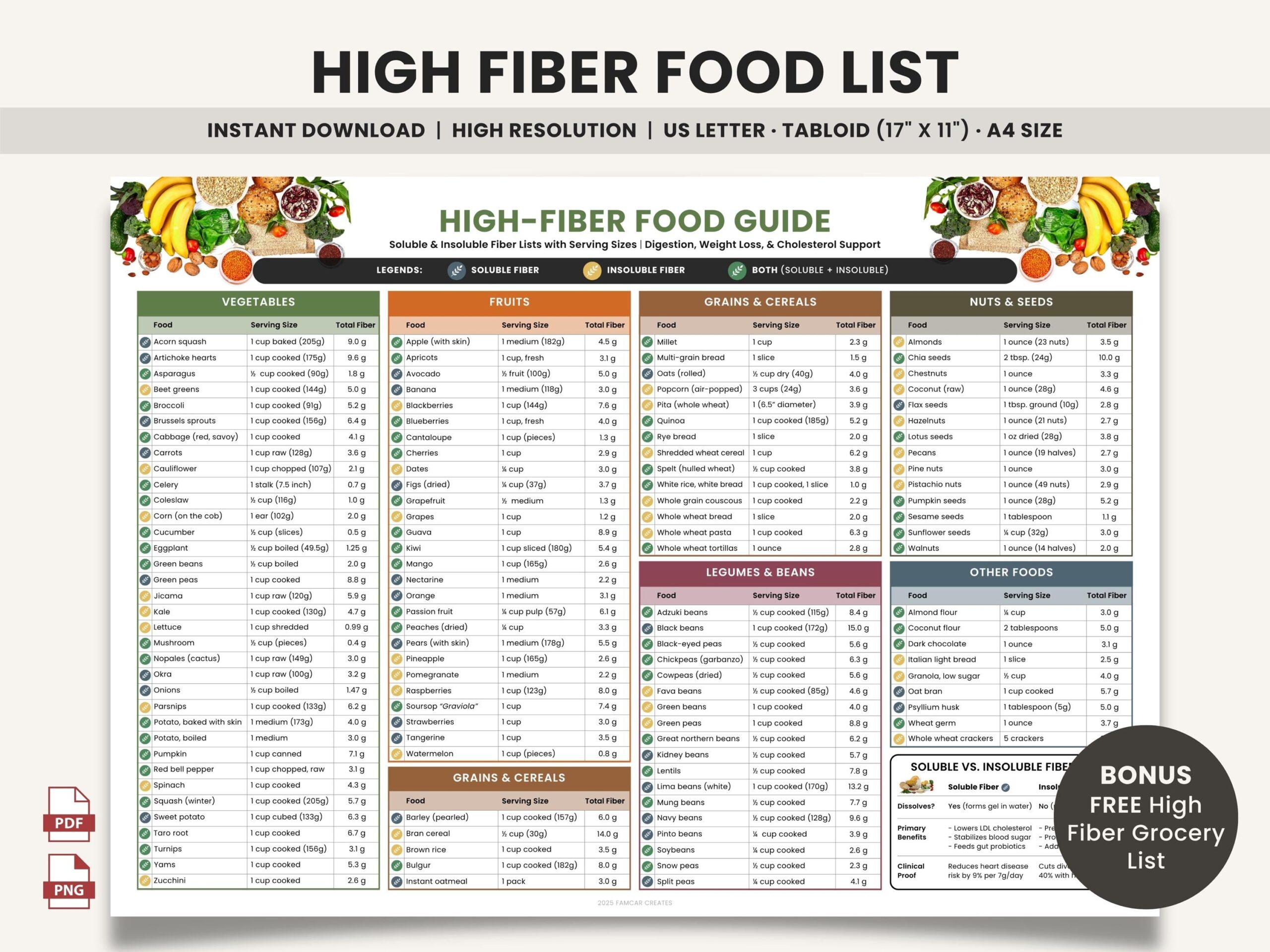 High Fiber Food List Printable Soluble Fiber Insoluble Fiber Chart Fiber rich Grocery List Fiber Diet Nutrition Poster For Gut Health Etsy Canada