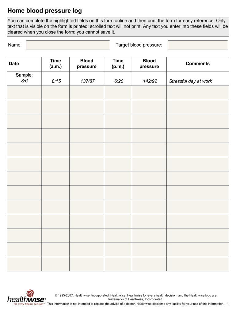Home Blood Pressure Log Fill Out Sign Share Online PdfFiller