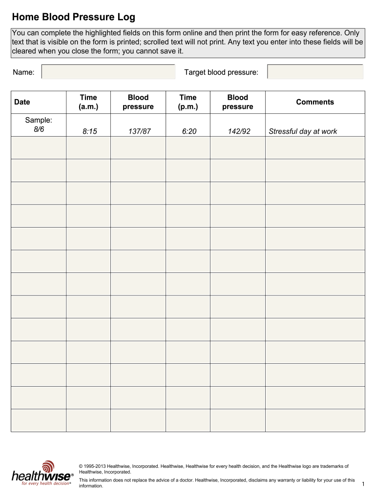 blood pressure monitoring chart printable