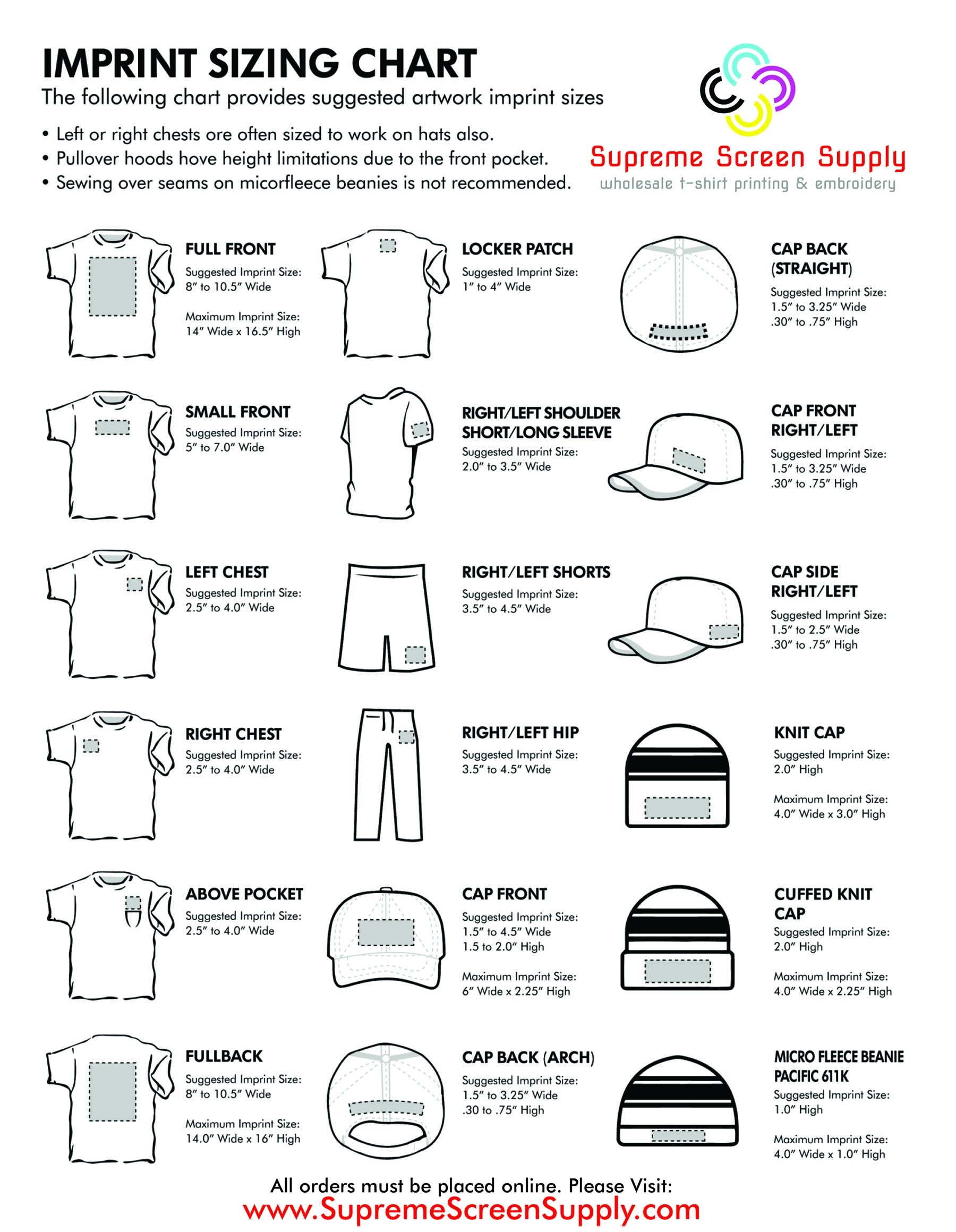 Imprint Size Chart Supreme Screen Supply