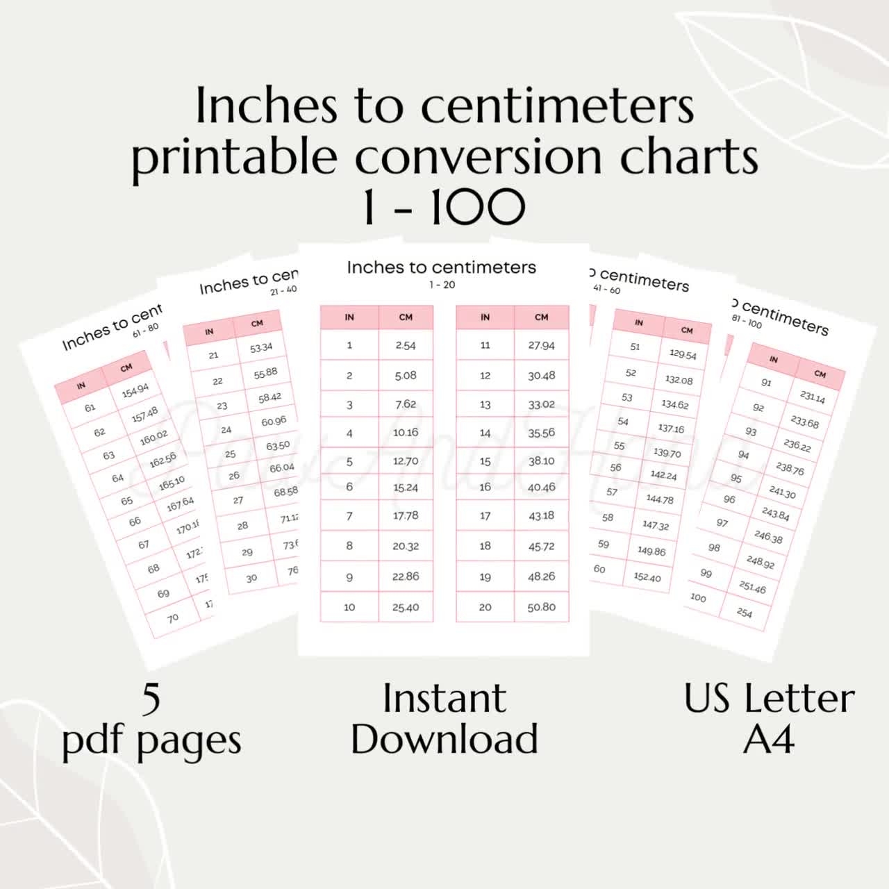 Inches To Centimeters Conversion Chart 1 100 Imperial To Metric Cheat Sheet 5 PDF Pages Handy Table In Cm Charts International Dimensions Etsy
