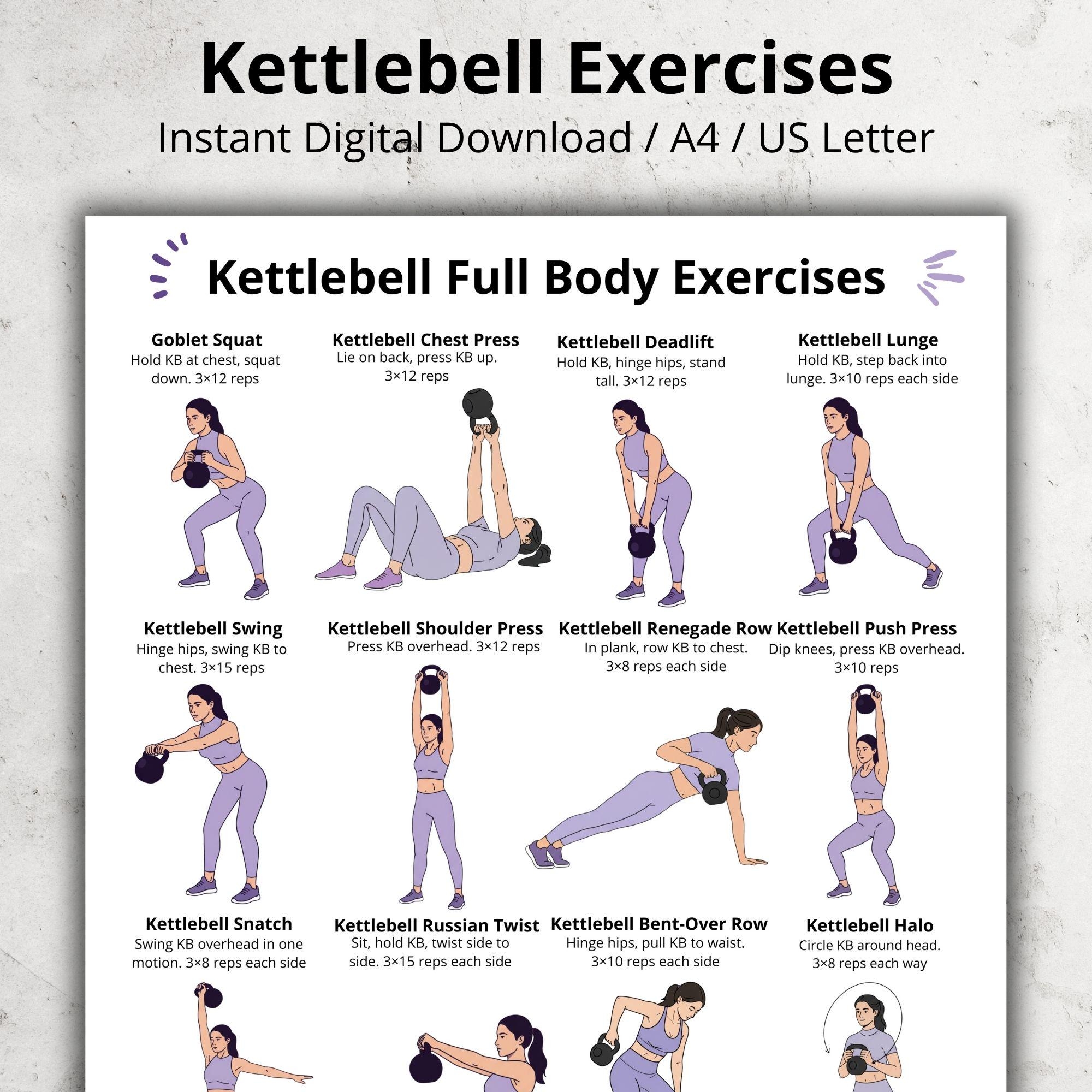 Kettlebell Full Body Exercises Poster Beginner Kettlebell Workout Chart Home Gym Printable Fitness Wall Art Digital Download PDF Etsy New Zealand