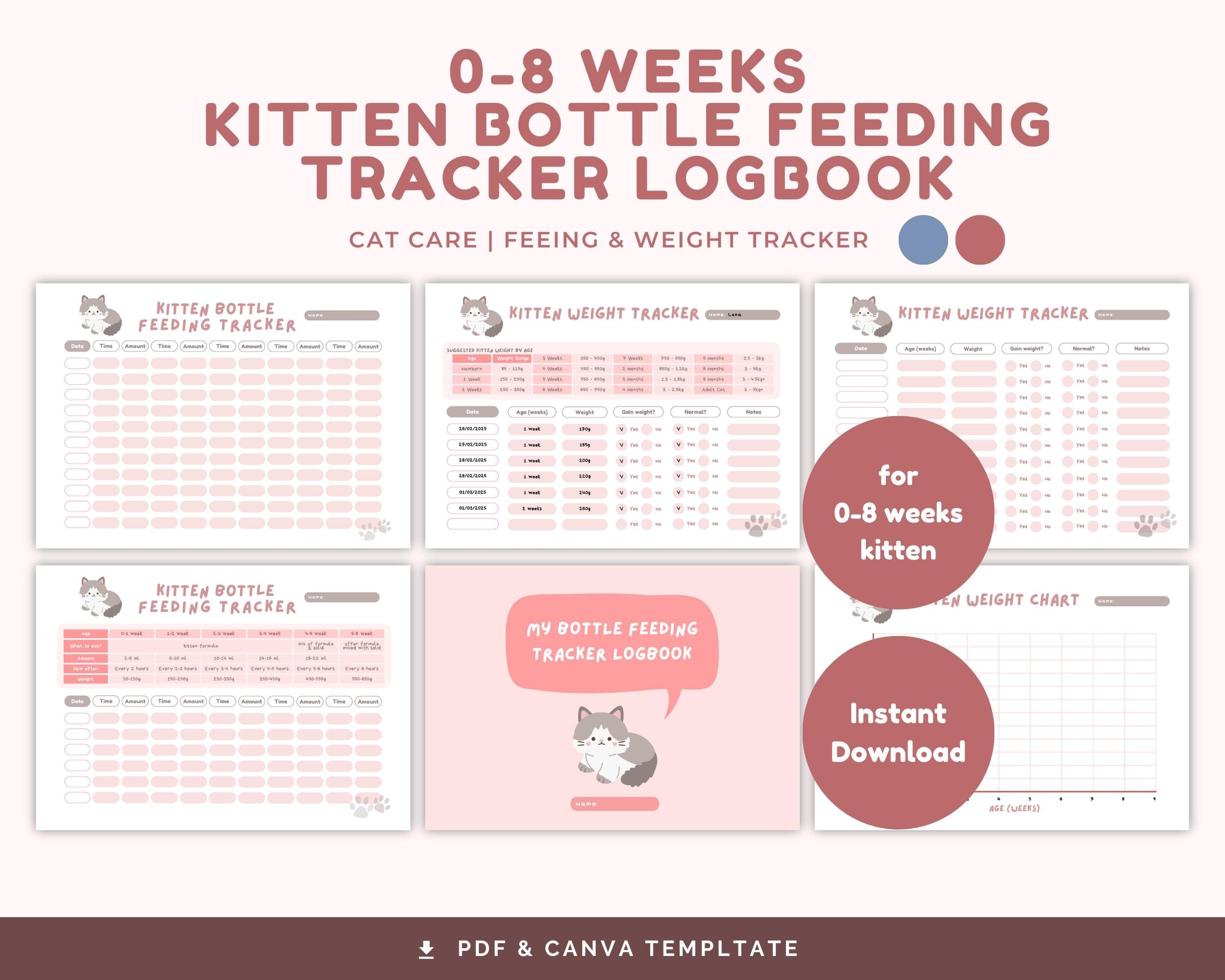 Kitten Bottle Feeding Tracker Kitten Weight Growth Tracker Newborn Cat Care Monitoring Chart Kitten Health Growth Log For Kitten Owners Etsy