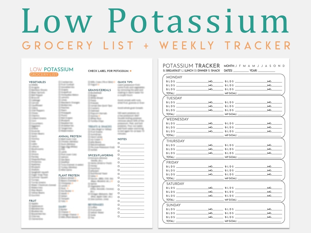 Low Potassium Diet Grocery List Tracker Kidney Friendly Food Guide Printable PDF Etsy