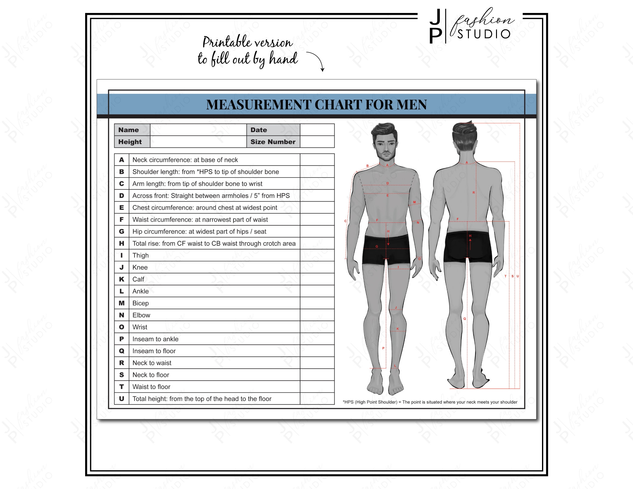 Men s Body Measurement Chart For Fashion Design printable PDF JPG Etsy