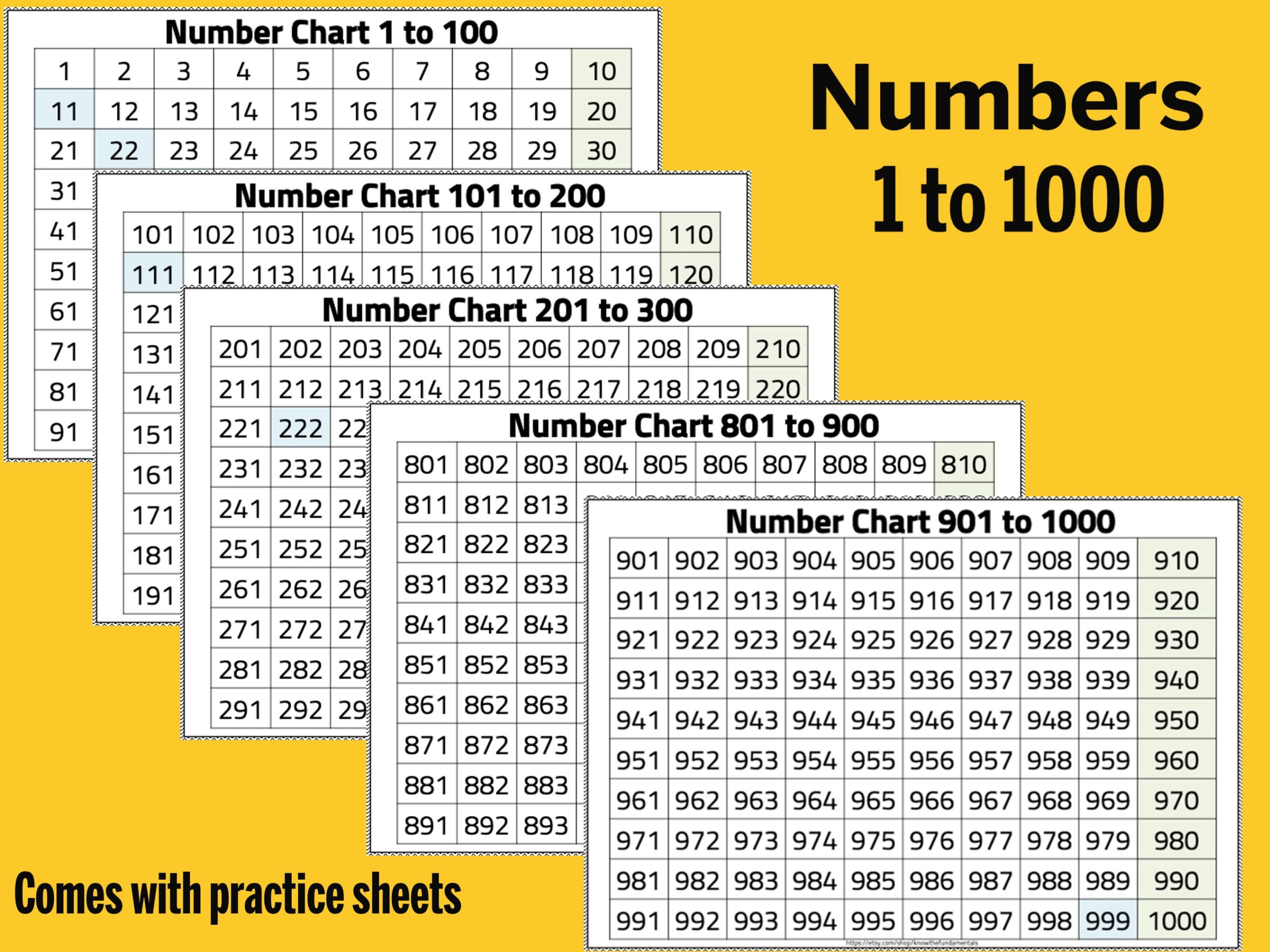 Number Chart 1 1000 Numbers 1 To 1000 Chart Thousands Chart By 10 s Hundred Chart Printable Worksheet Homeschool Kindergarten Etsy