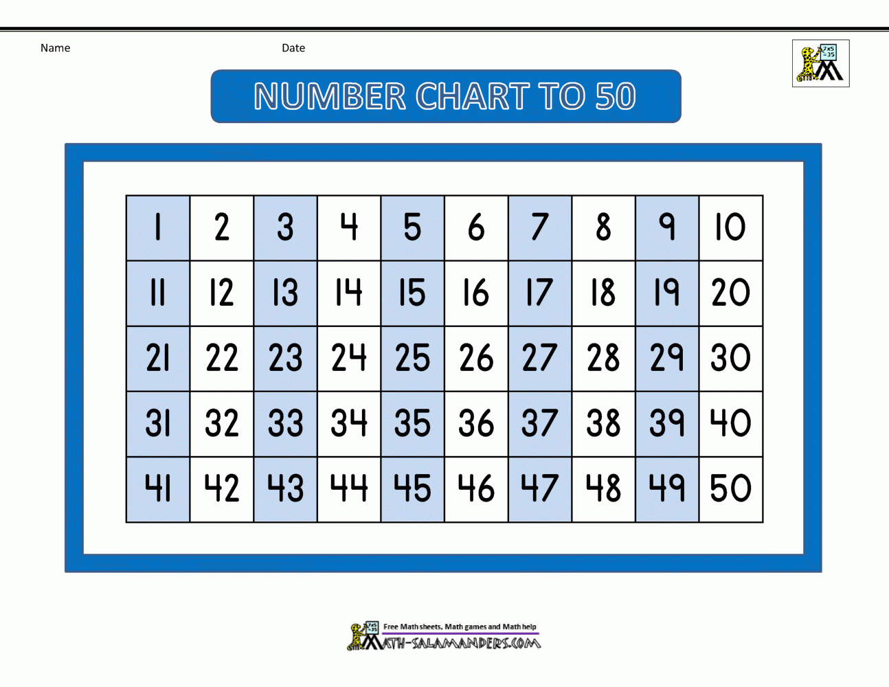 printable 1 50 number chart