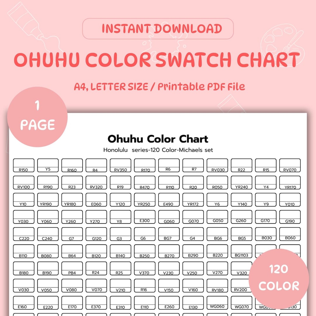 Ohuhu Honolulu 120 Marker Swatch Chart Printable Color Palette PDF Download Etsy Ireland
