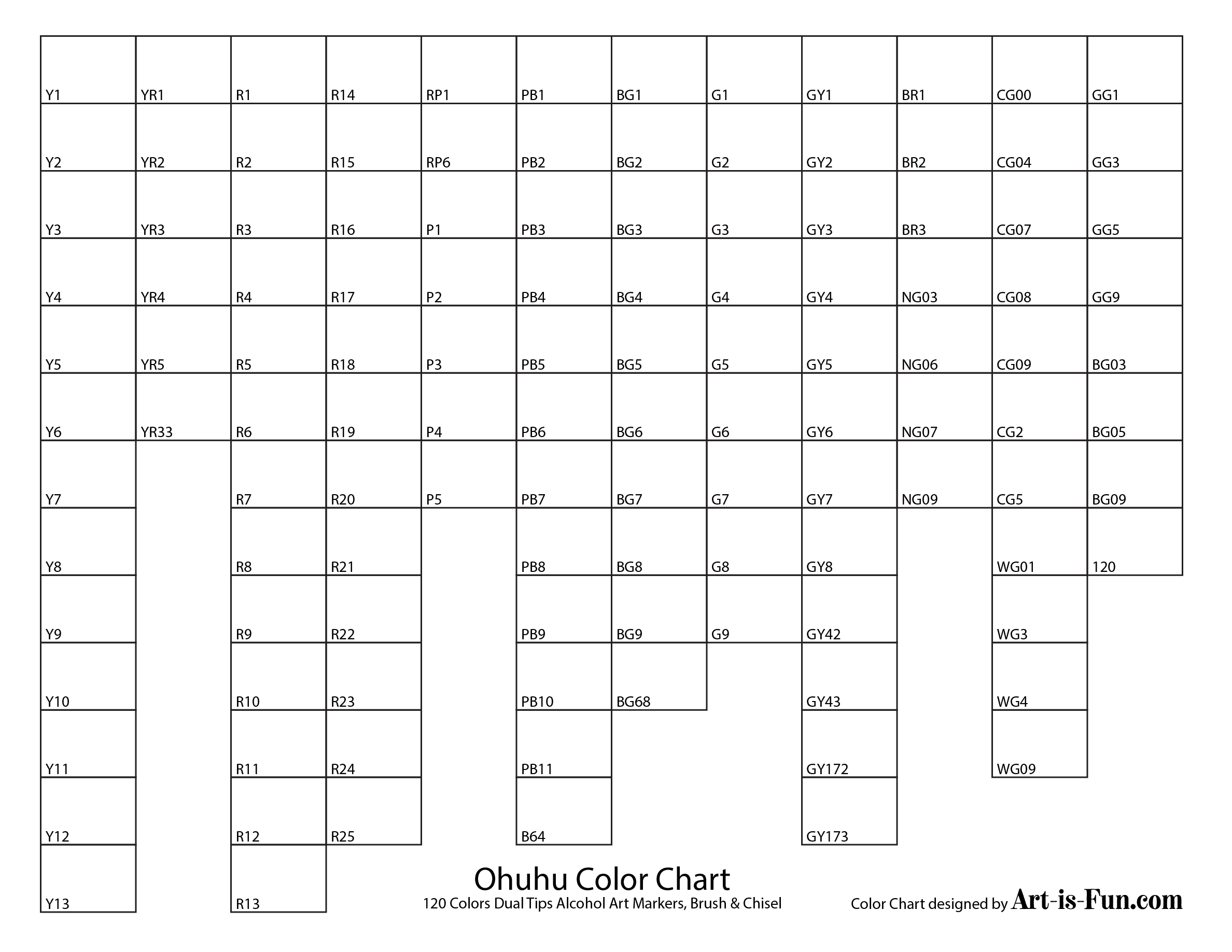 Ohuhu Marker Color Chart Blank