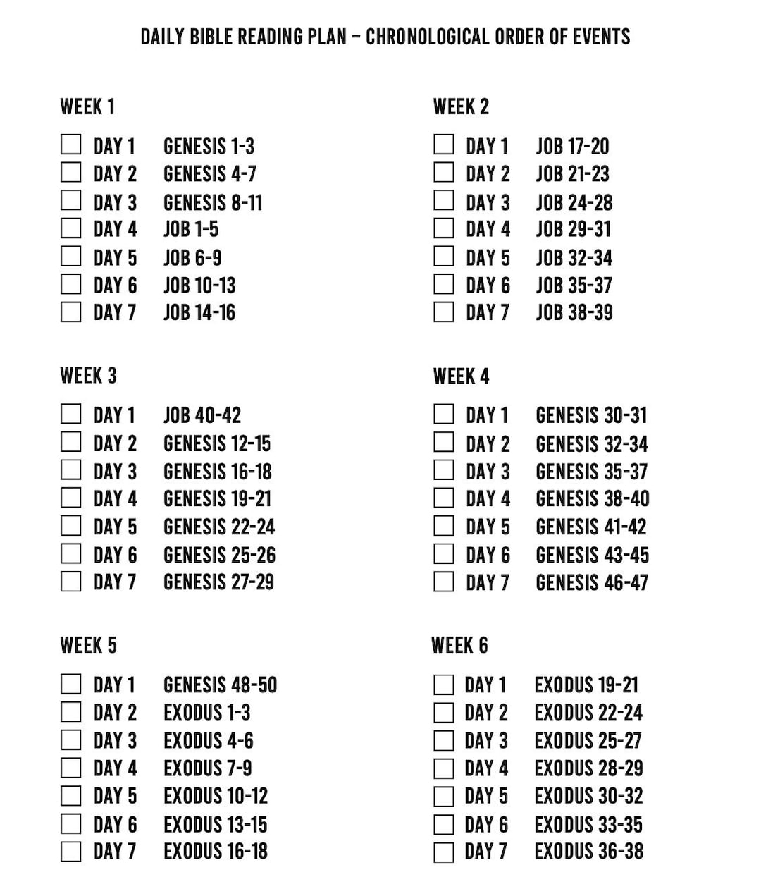 Printable Chronological Bible Reading Plan Etsy