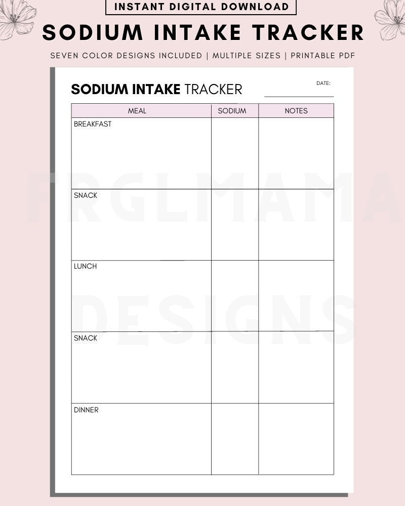 Printable Daily Sodium Intake Tracker Food Diary Meal Planner digital Download Etsy