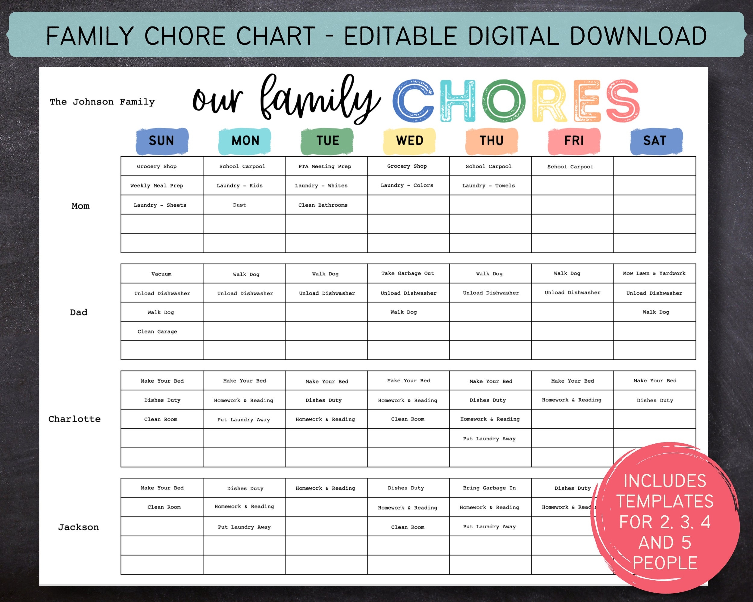 printable family chore chart