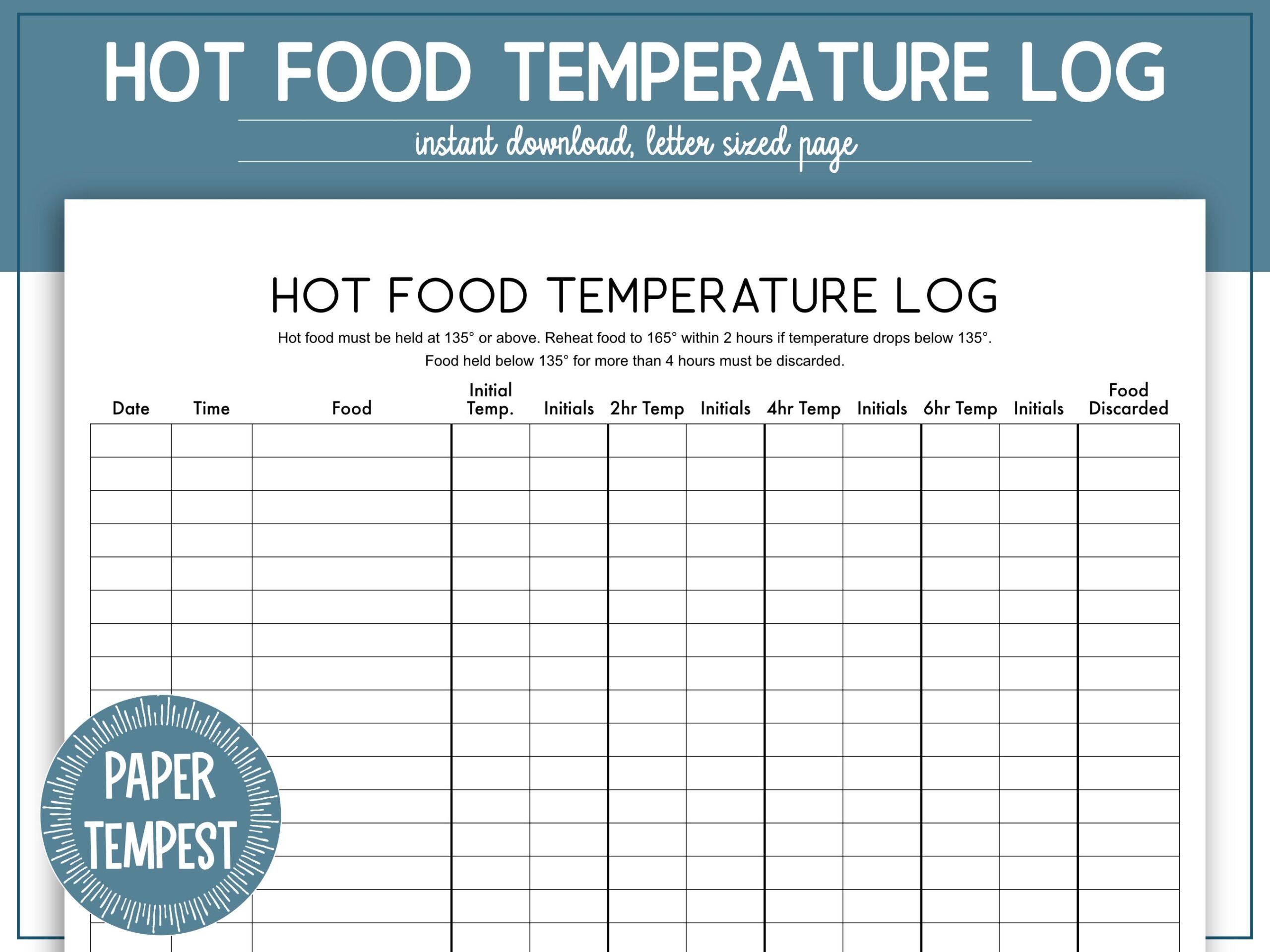 Printable Hot Food Temperature Log Hot Food Holding Temperature Chart Food Temperature Recording Chart Food Safety Log Etsy
