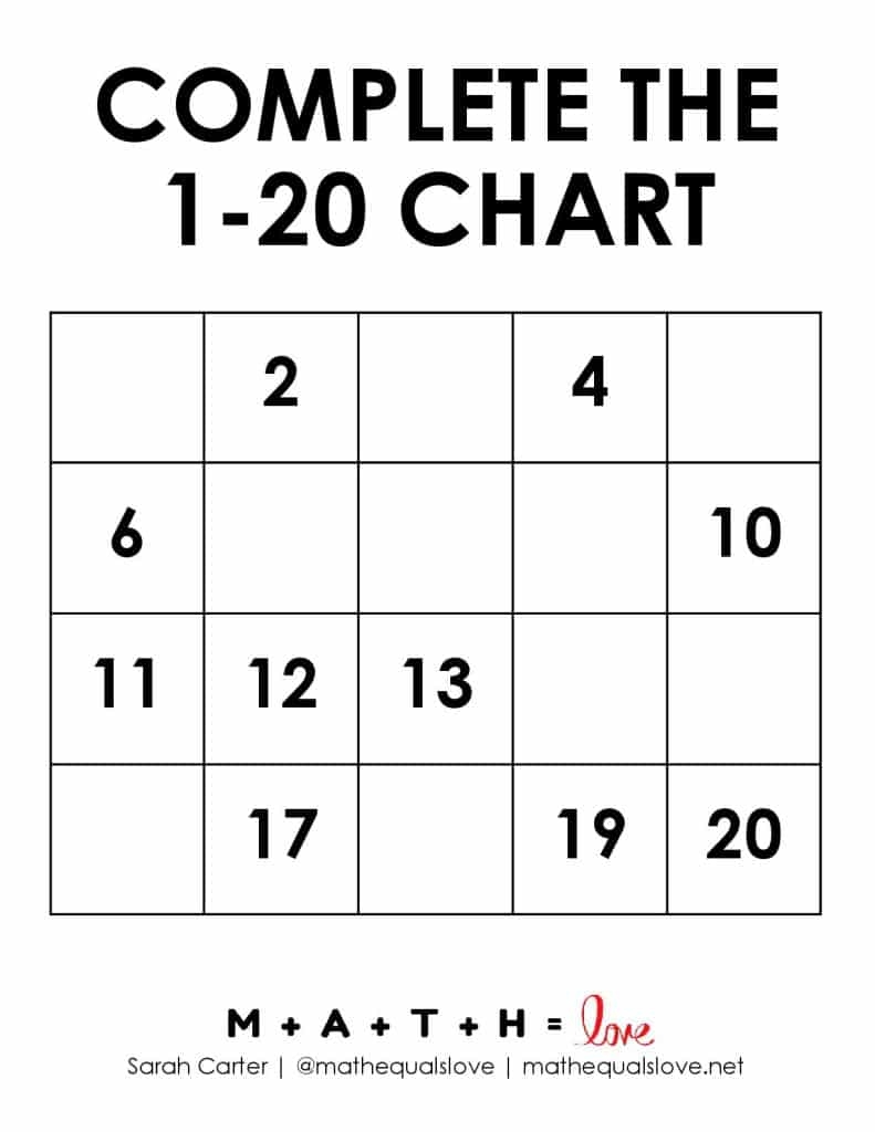 numbers 1 20 chart printable