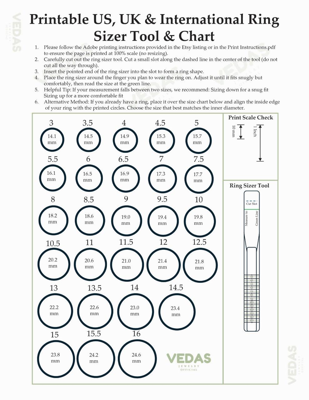 Printable Ring Size Chart For Women Etsy