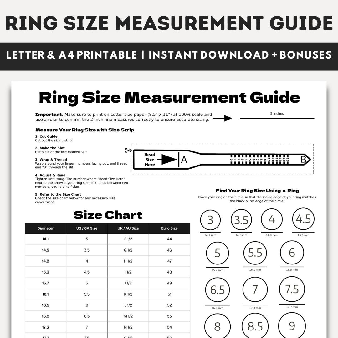 Printable Ring Size Chart Ring Sizer Tool Find Your Ring Size Diamond Ring Size Tool International Ring Size Chart Instant Download Etsy