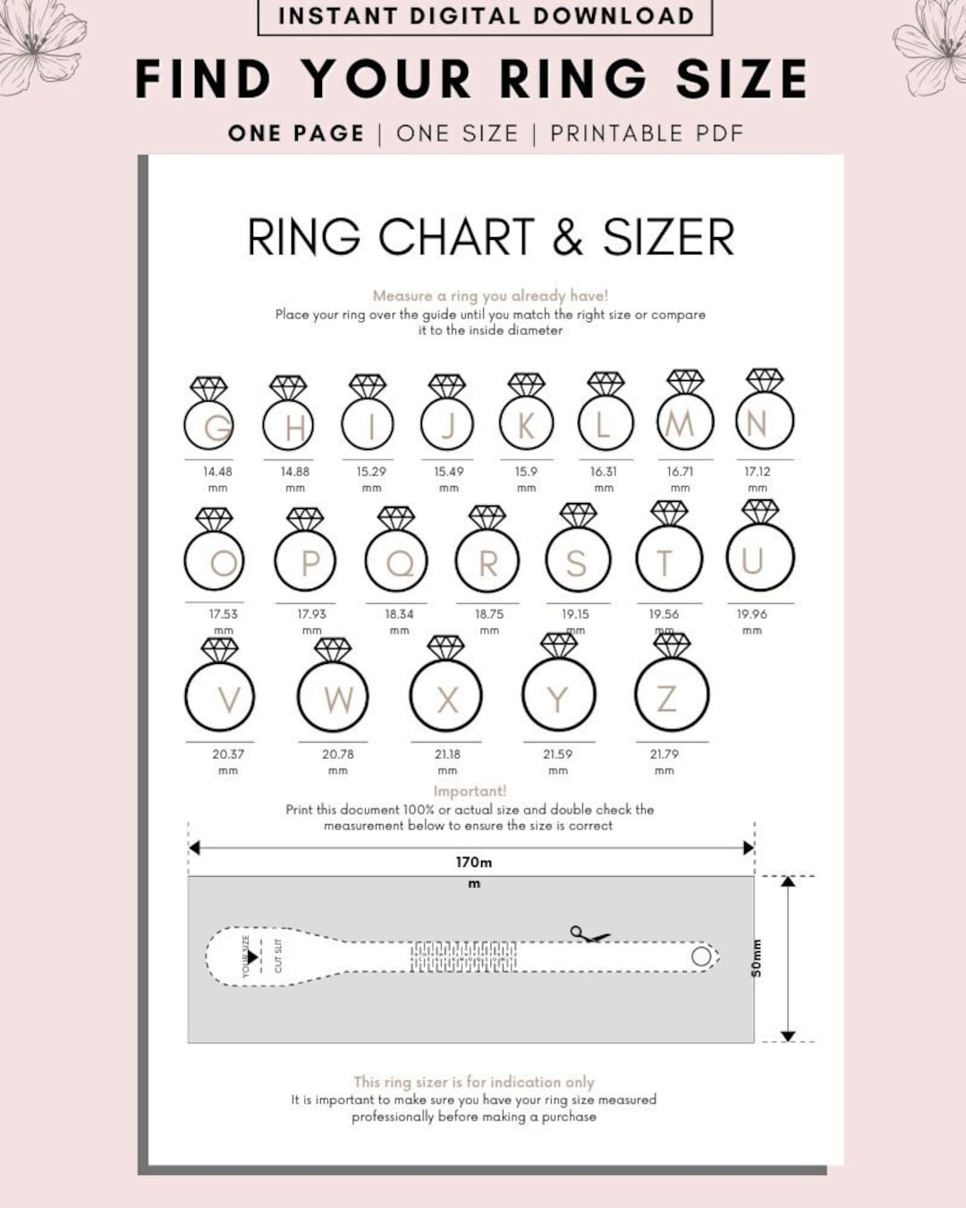 Printable Ring Sizer Ring Size Chart Conversion A4 PDF Etsy Israel