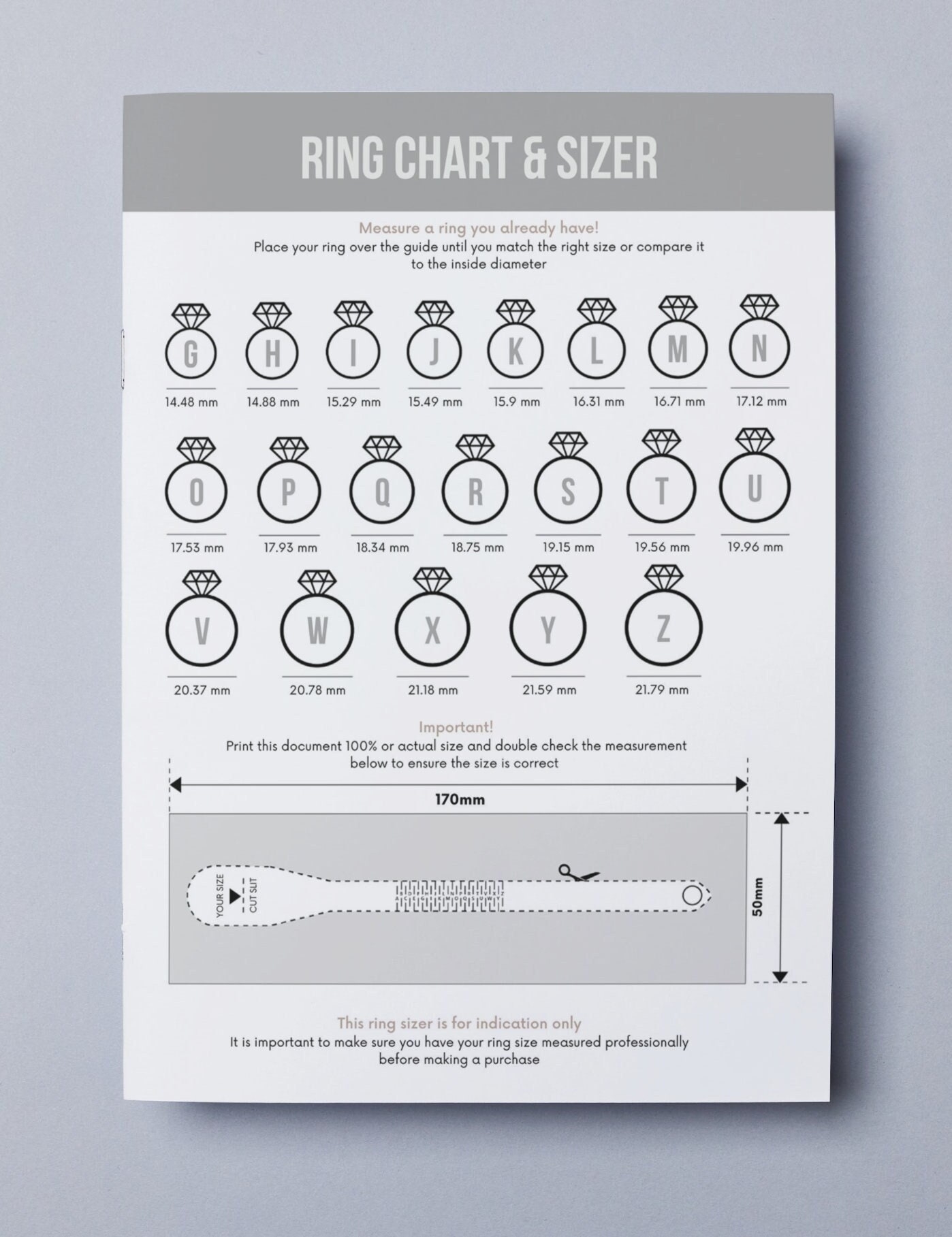 Printable Ring Sizer Ring Size Finder Printable Measuring Tool International Ring Size Chart Measure Ring Size Instant Download Etsy