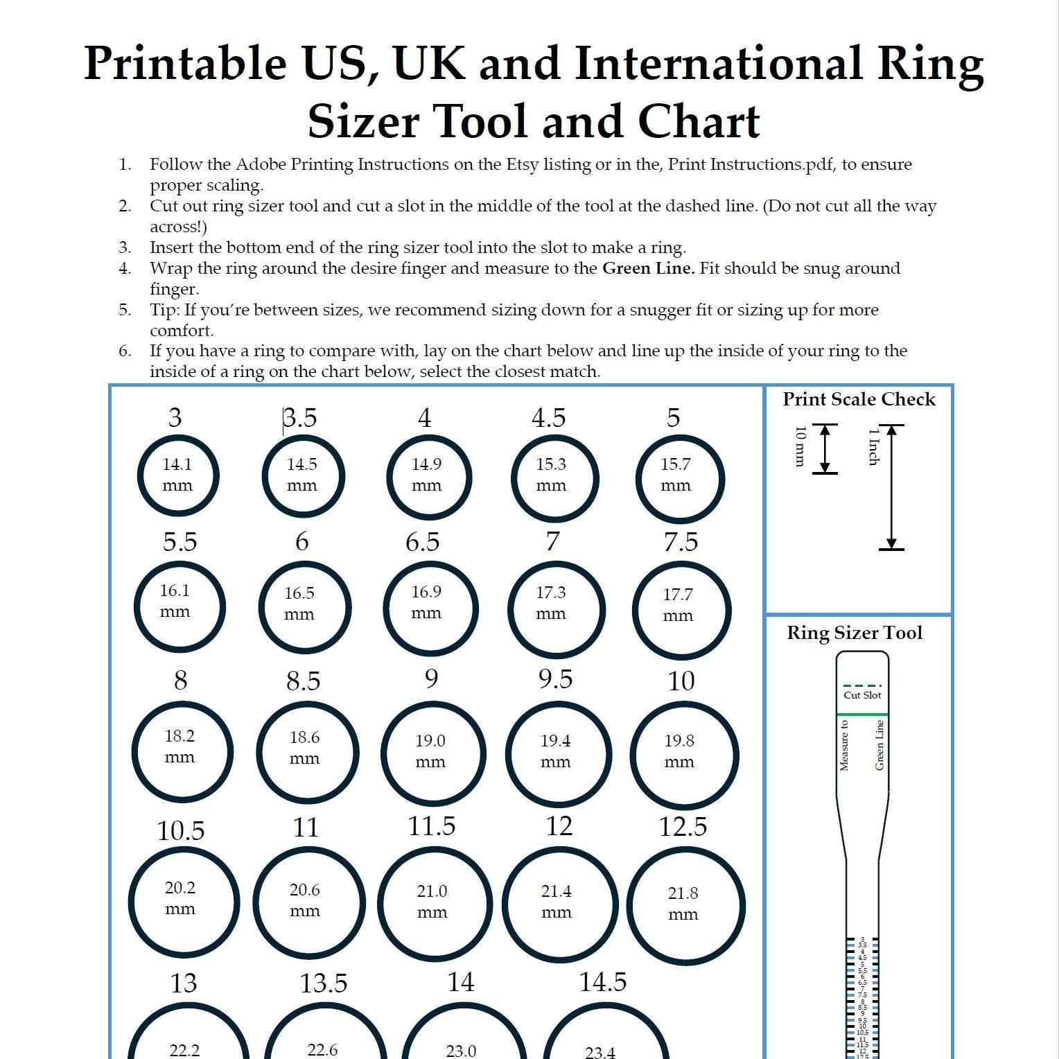 Printable Ring Sizer Tool US UK International Size Chart PDF Download Etsy Singapore