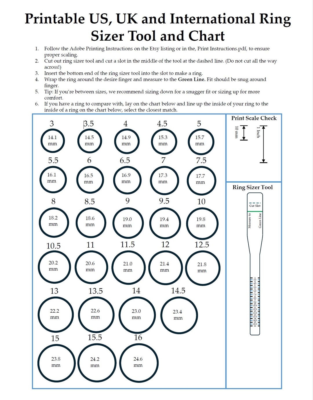 Printable Ring Sizer Tool US UK International Size Chart PDF Download Etsy Singapore