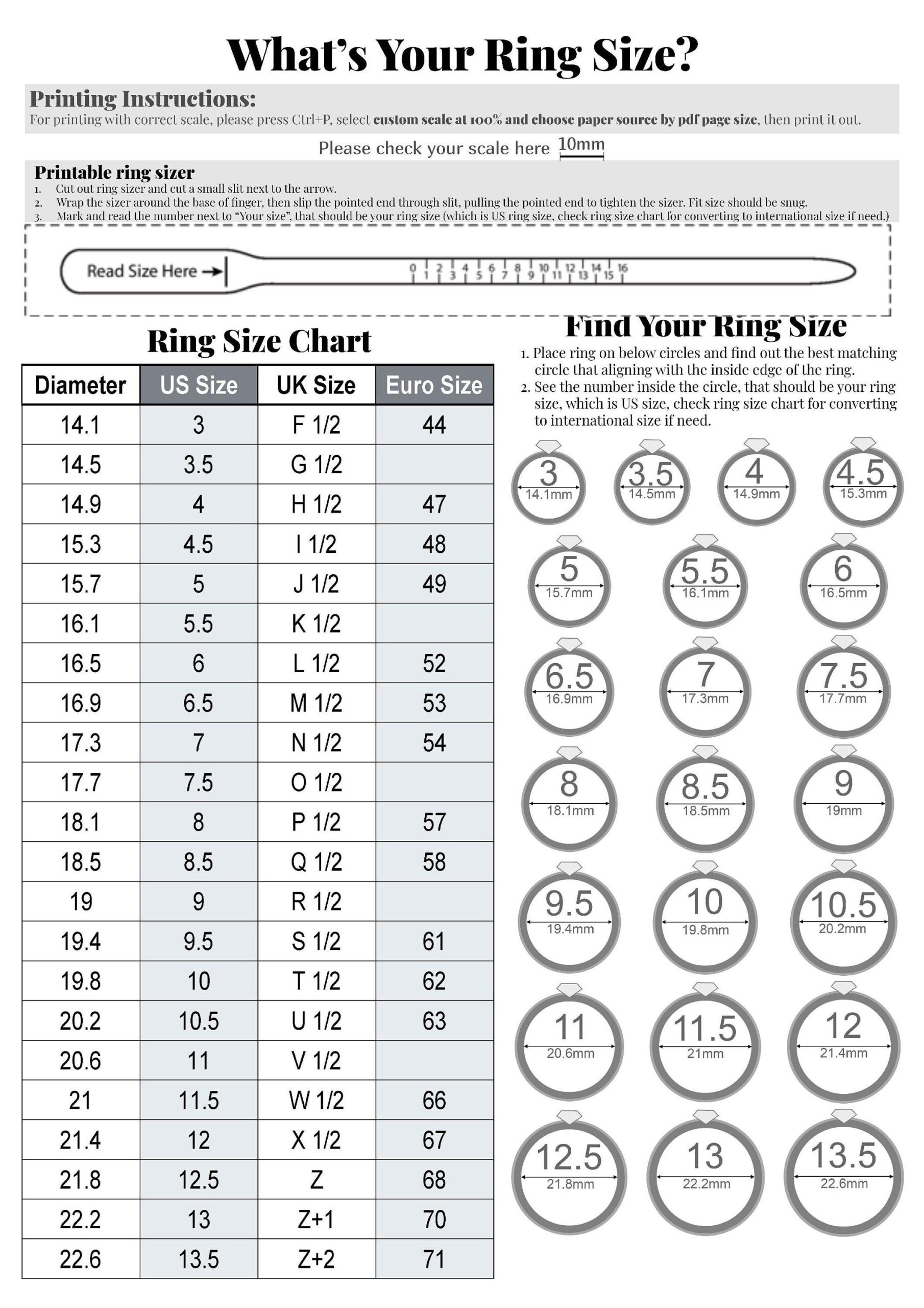 Printable Ring Sizer With International Size Chart instant Download Etsy